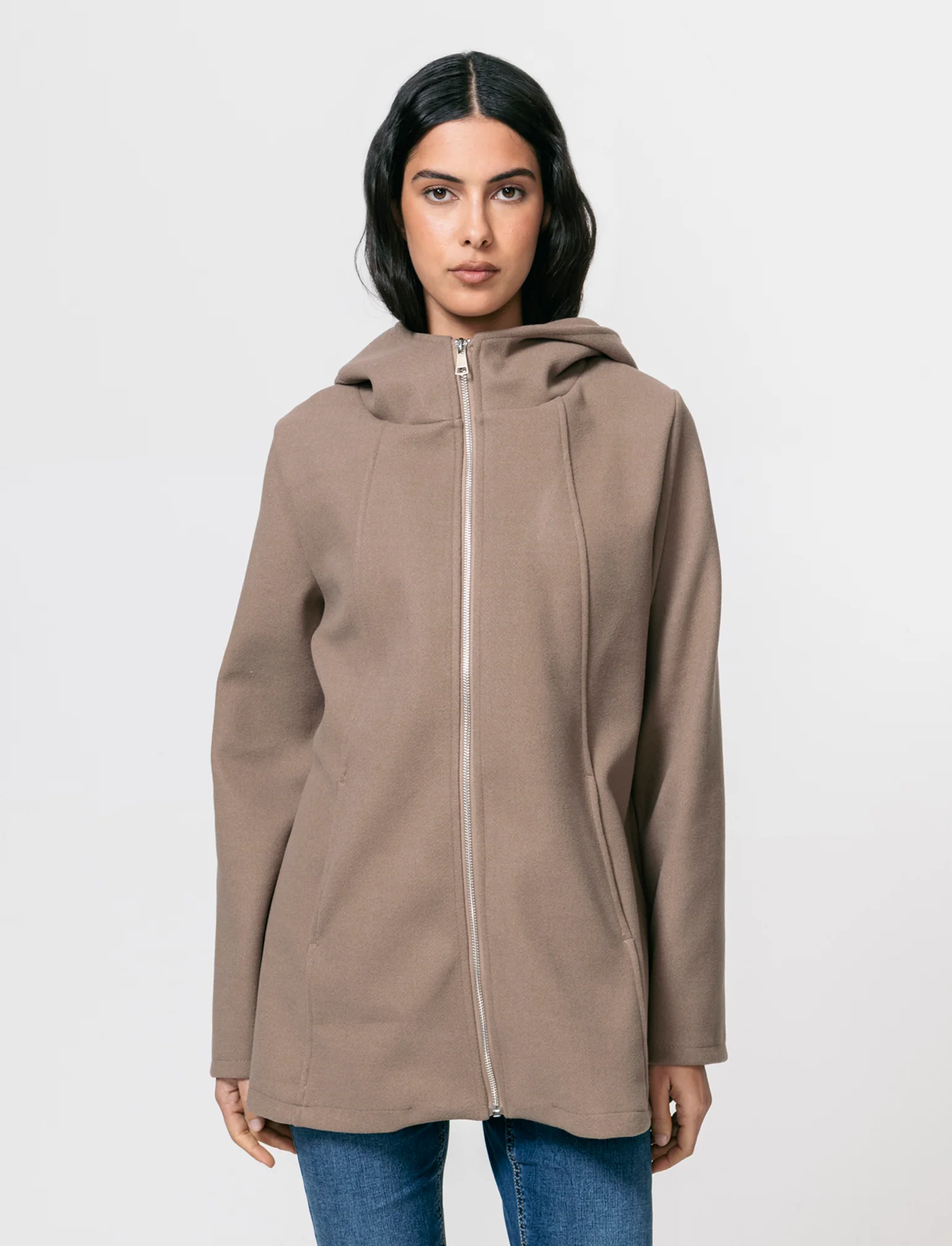 Cappotto con cappuccio e zip - Grigio fango - Image 3