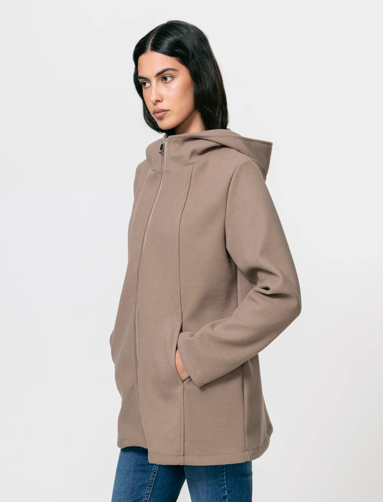 Cappotto con cappuccio e zip - Grigio fango - Image 4