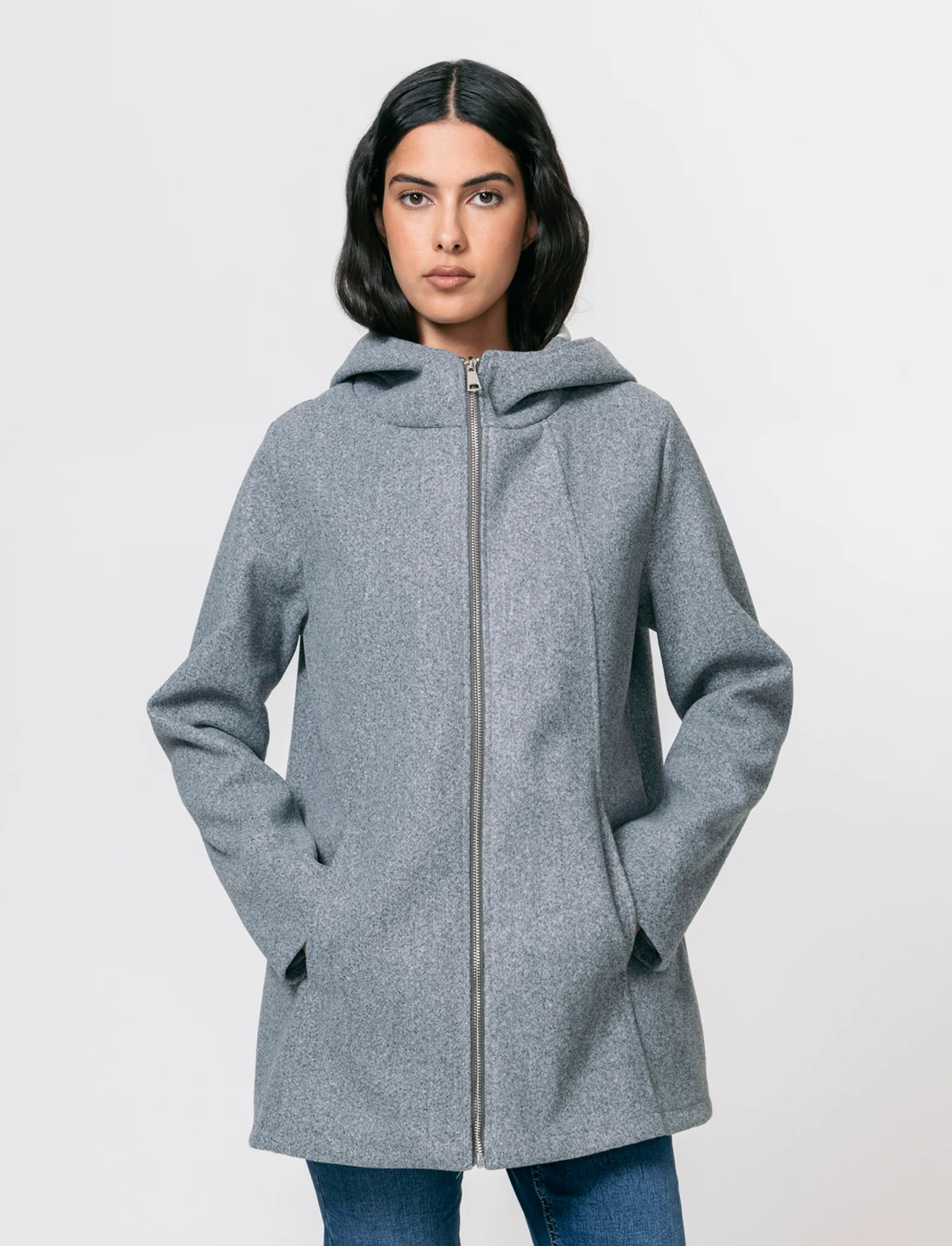 Cappotto con cappuccio e zip - Grigio mel. - Image 3