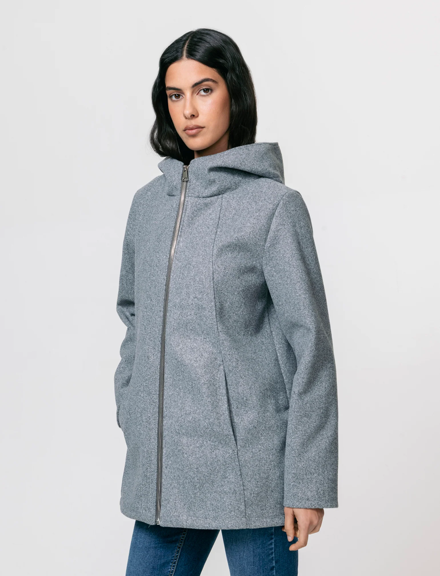 Cappotto con cappuccio e zip - Grigio mel. - Image 4