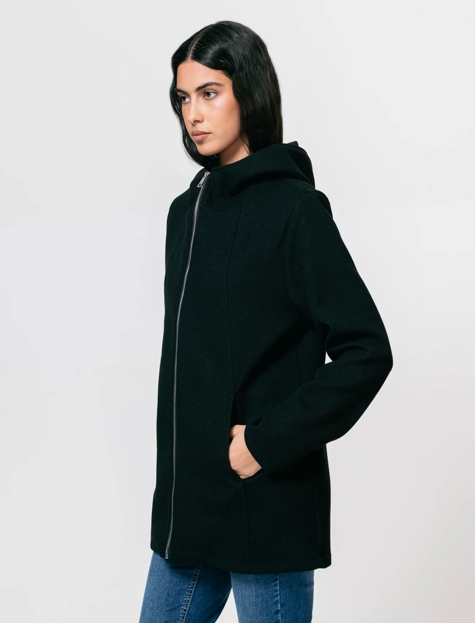 Cappotto con cappuccio e zip - Nero - Image 4
