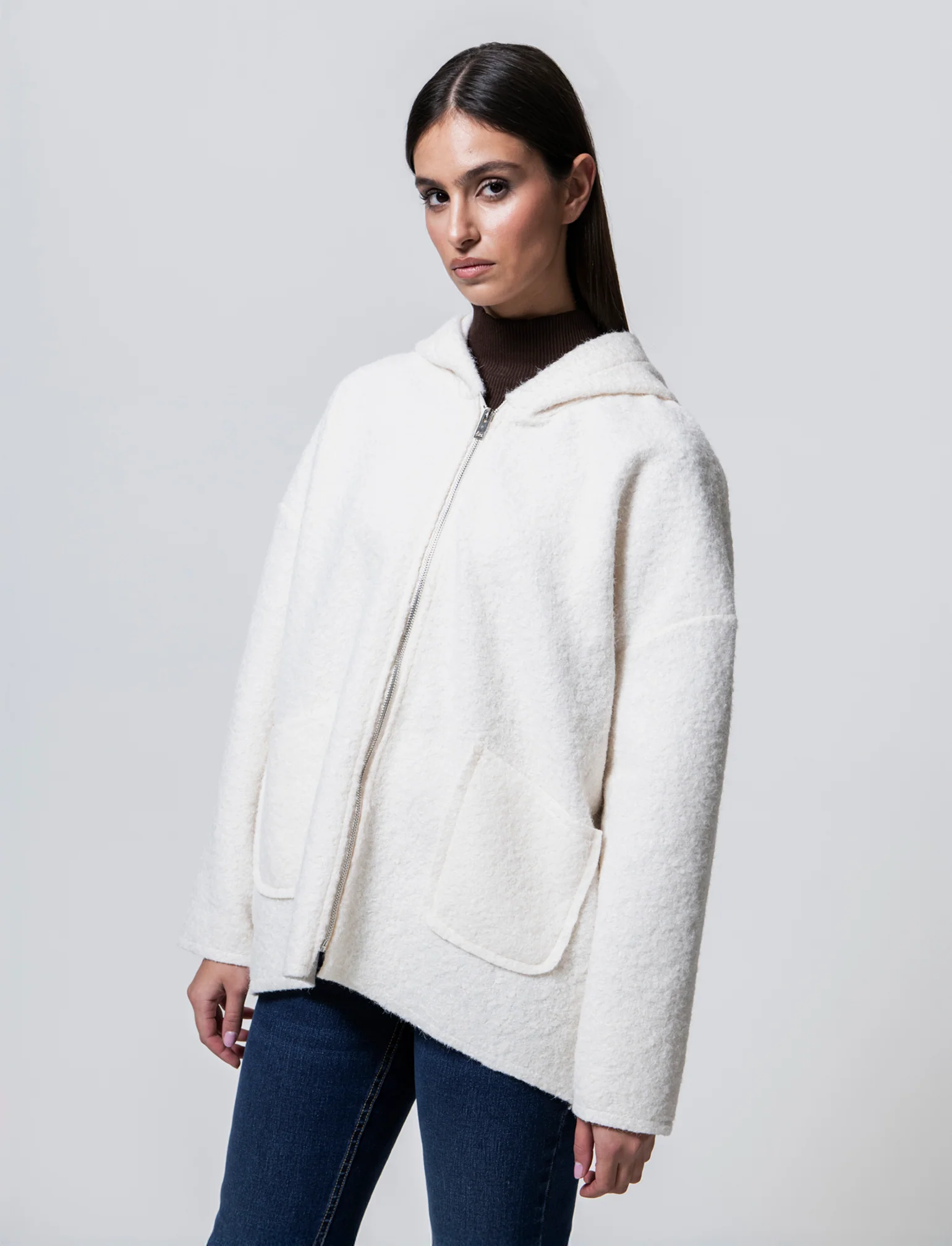 Cappotto con zip oversize - Bianco panna - Image 4