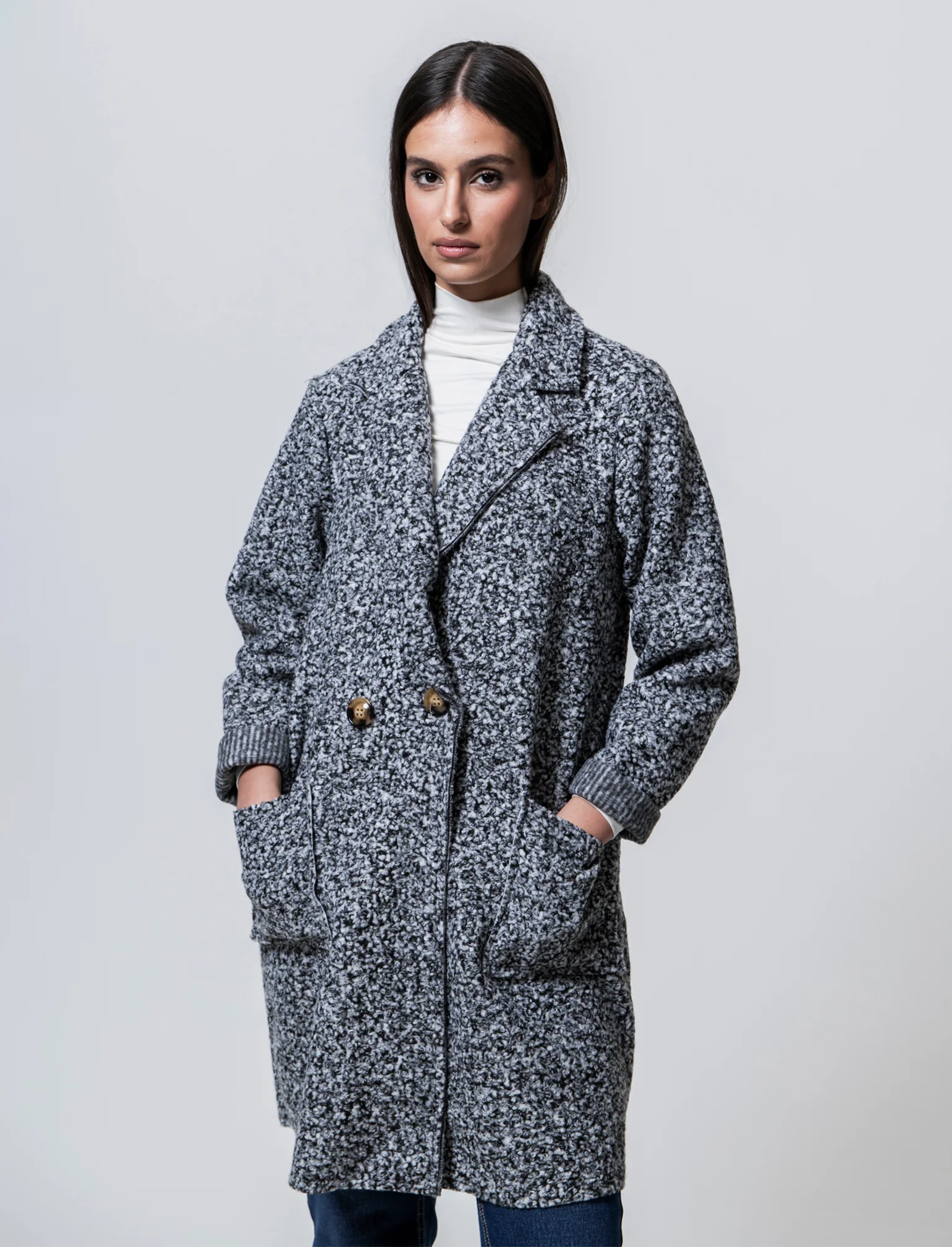CAPPOTTO IN TESSUTO ARRICCIATO - Grigio chiaro mel. - Image 4