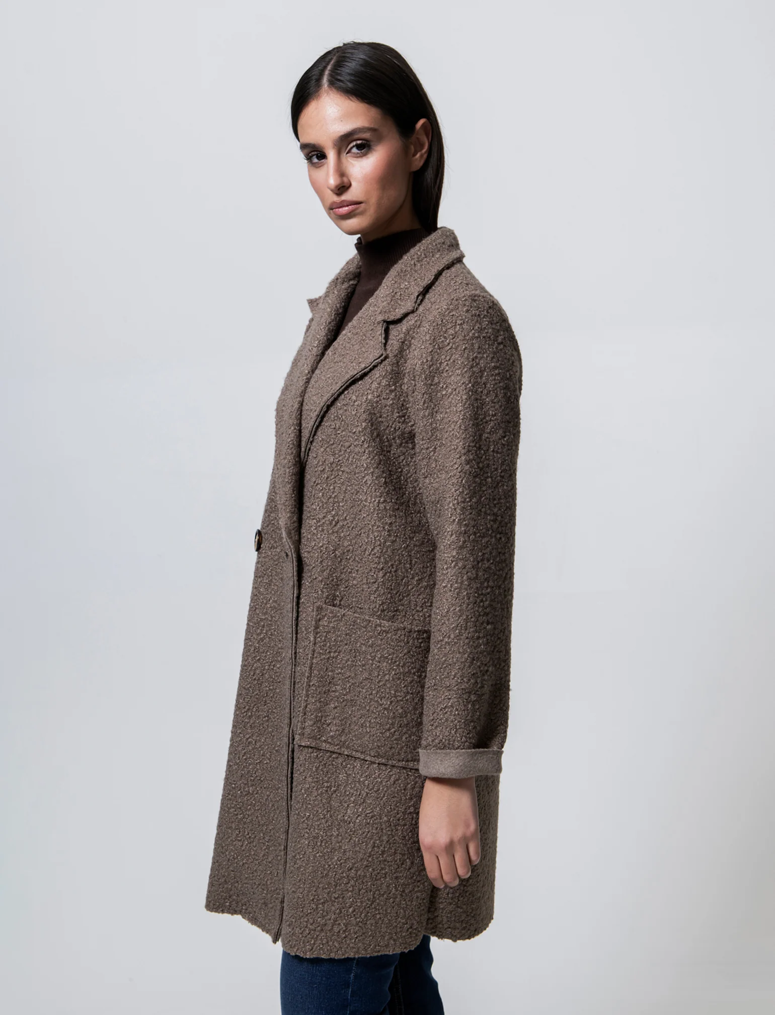 CAPPOTTO IN TESSUTO ARRICCIATO - Grigio fango - Image 4