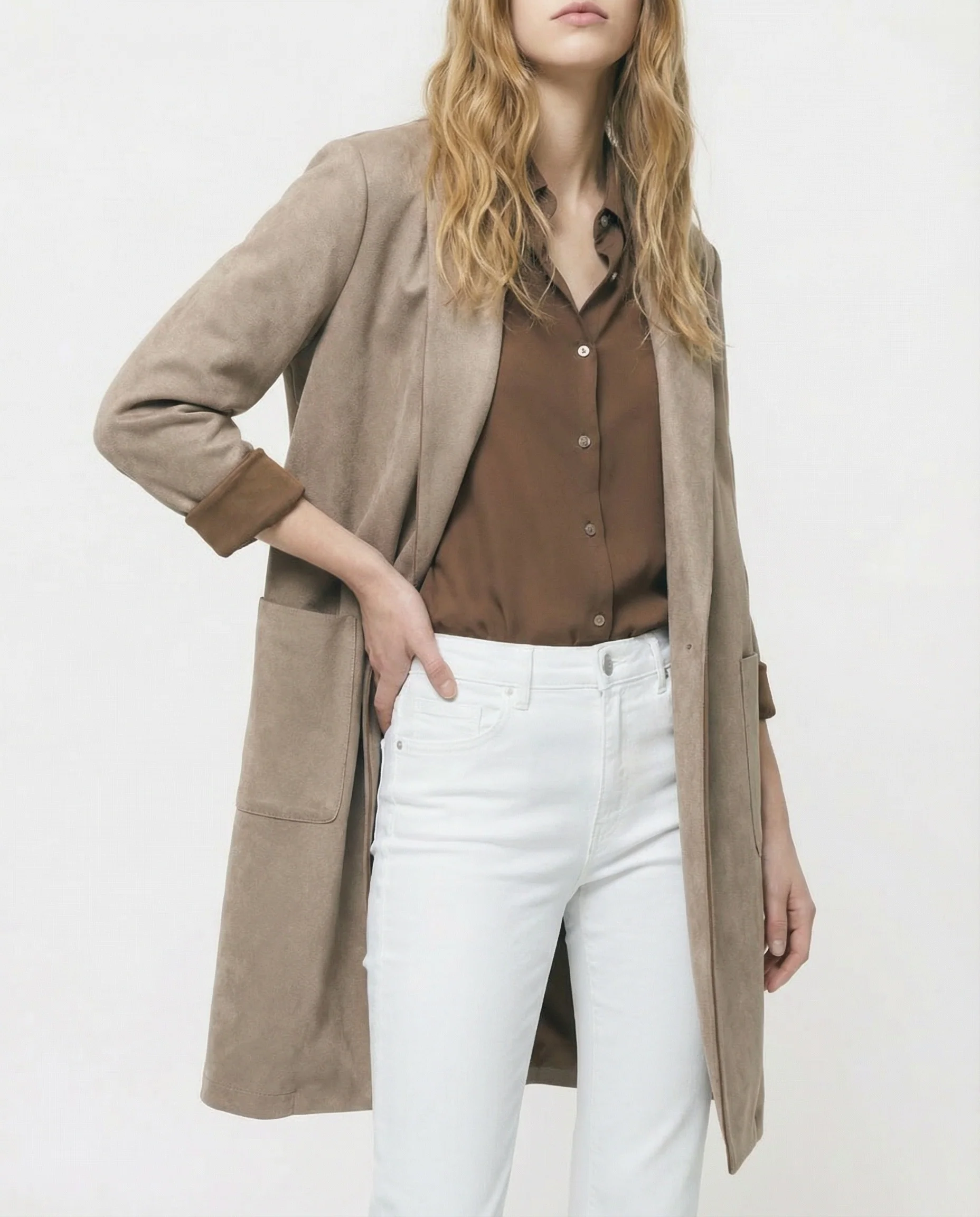 Cappotto monopetto in suede - Grigio fango - Image 3