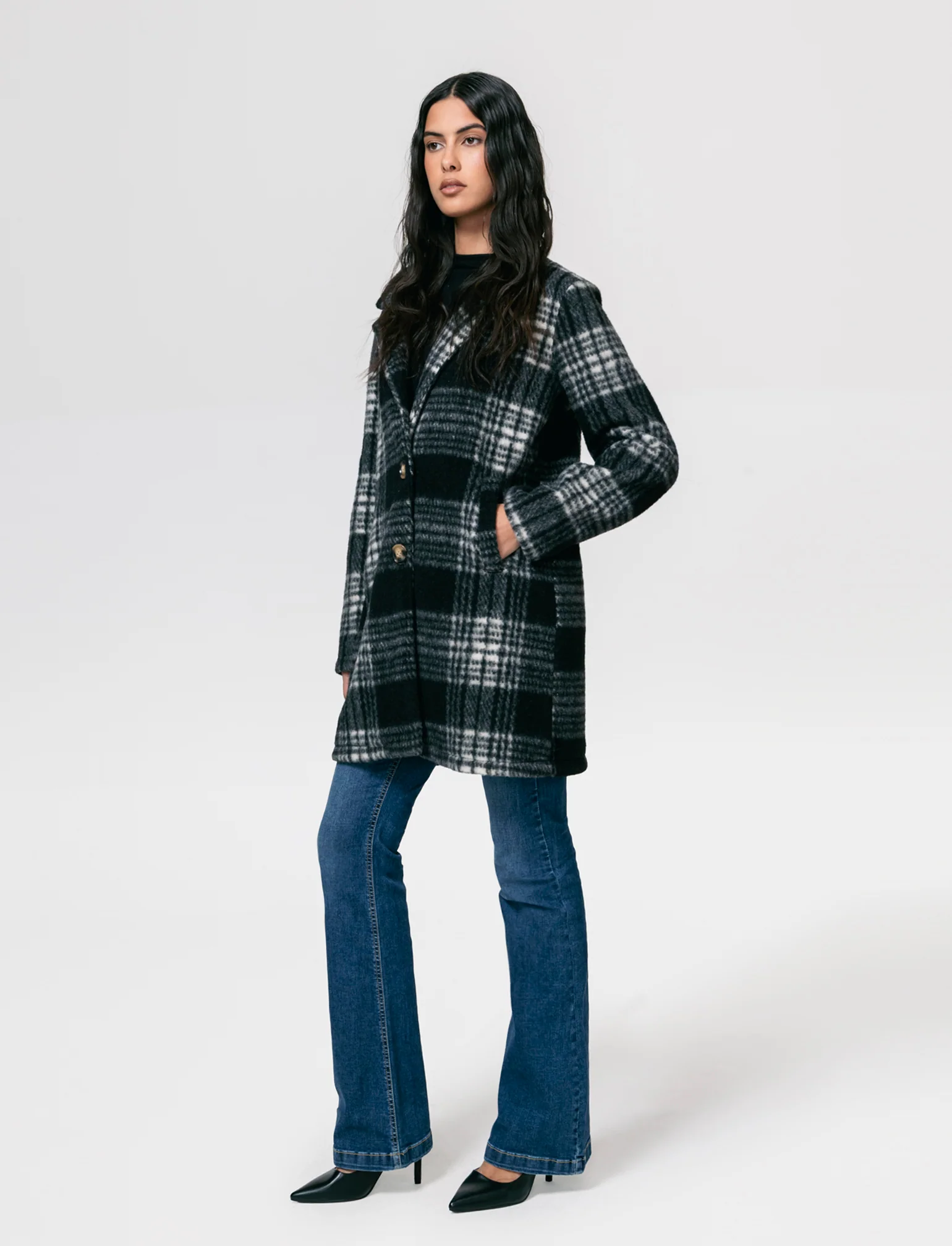 Cappotto monopetto in tessuto a quadro - Nero