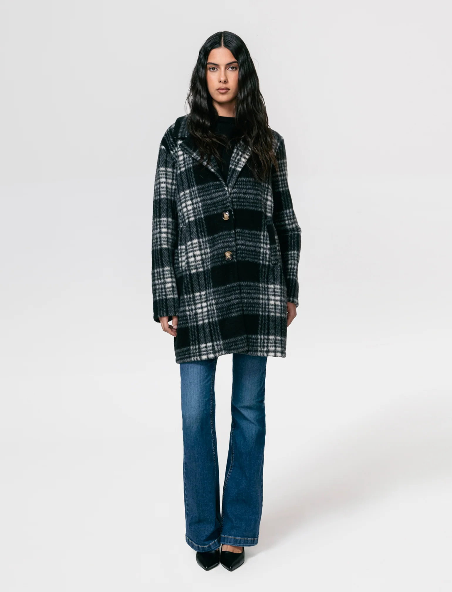 Cappotto monopetto in tessuto a quadro - Nero - Image 3