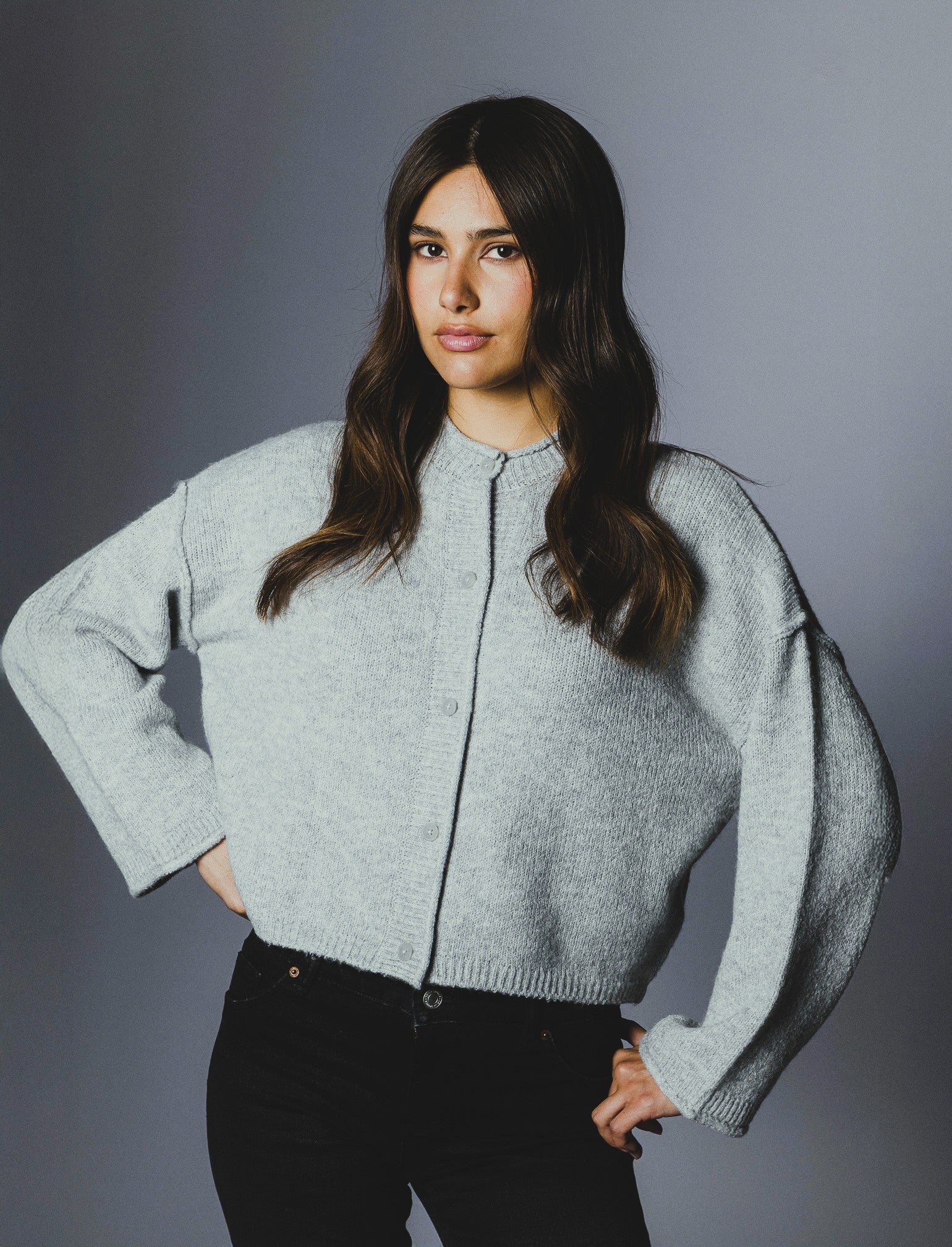 CARDIGAN CON BOTTONI EFFETTO TARTARUGATO - Grigio chiaro mel. - Image 3