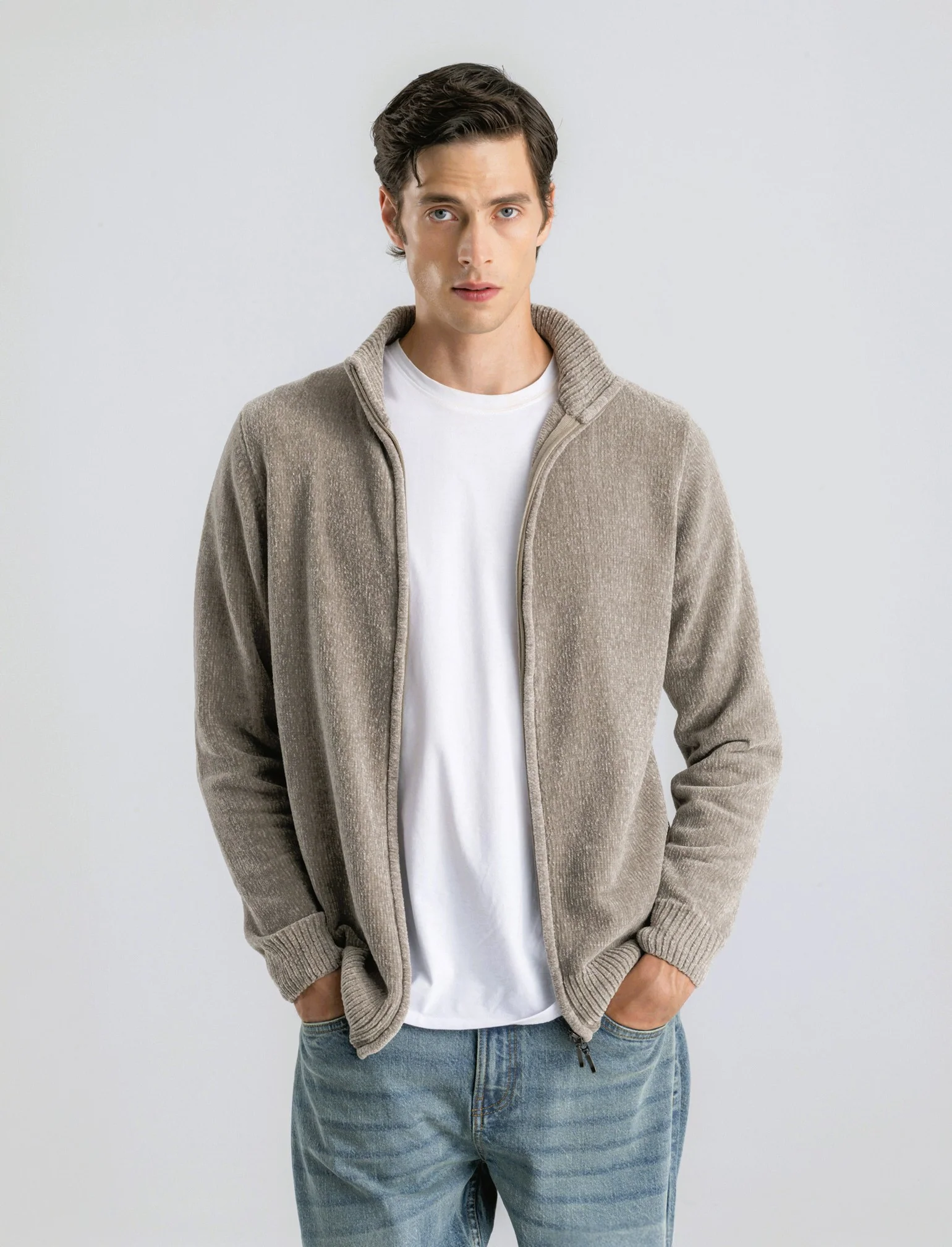 CARDIGAN IN CINIGLIA COLLO ALTO CON CERNIERA. - Beige - Image 3