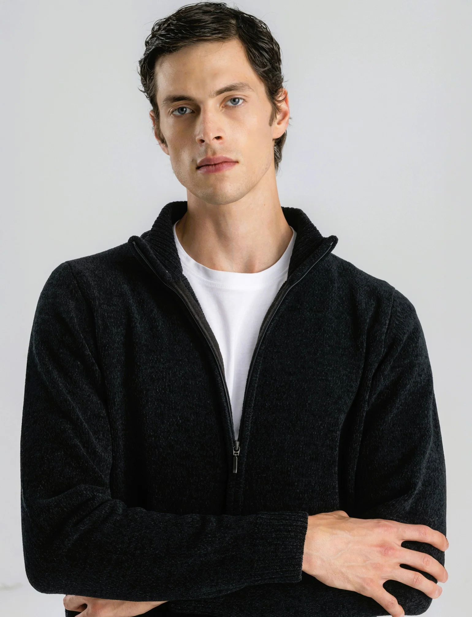 CARDIGAN IN CINIGLIA COLLO ALTO CON CERNIERA. - Nero - Image 3