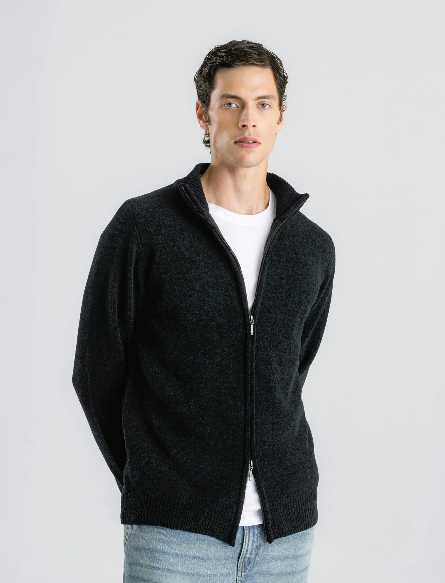 CARDIGAN IN CINIGLIA COLLO ALTO CON CERNIERA. - Nero - Image 4