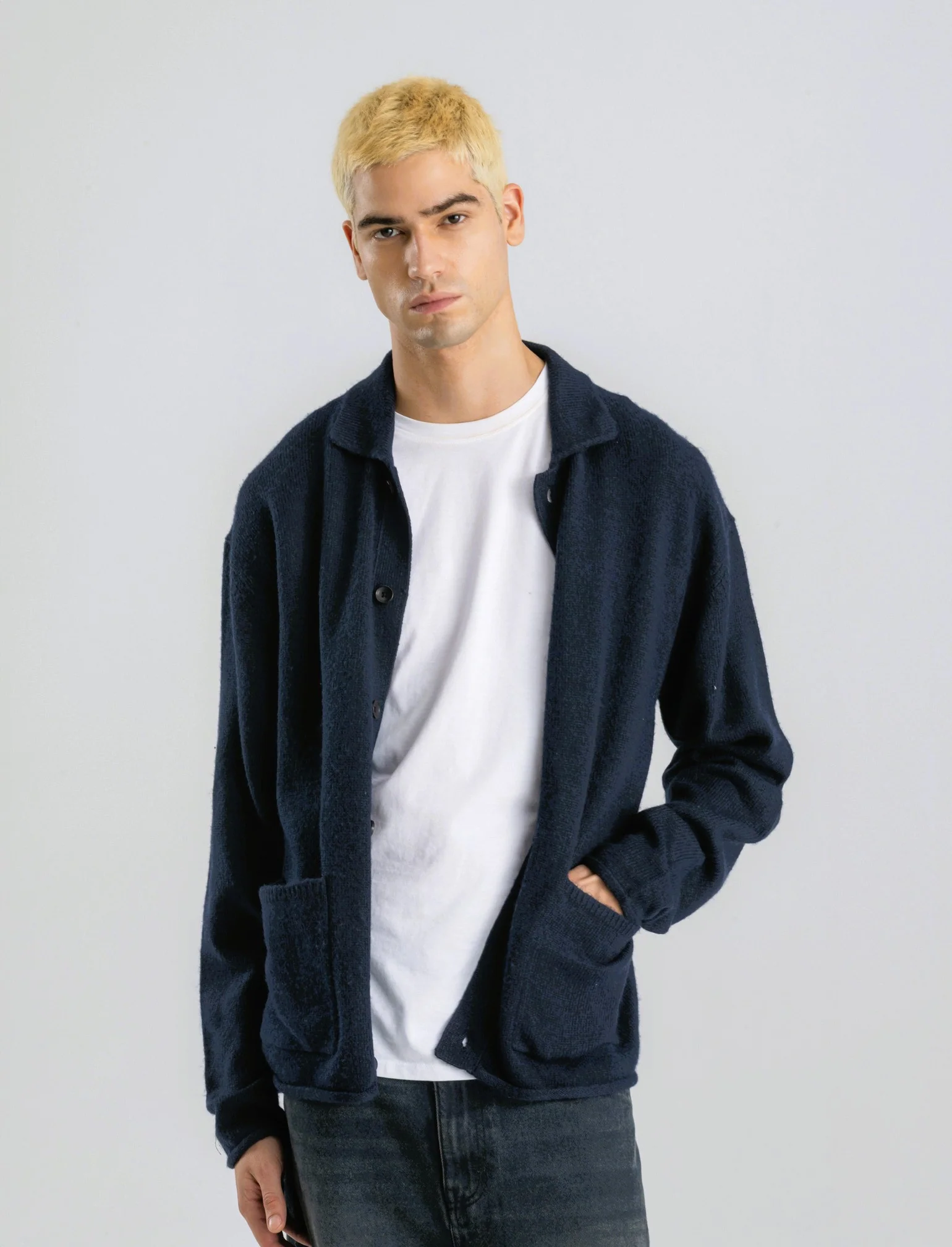 CARDIGAN IN MAGLIA CON COLLO CAMICIA - Blu - Image 3