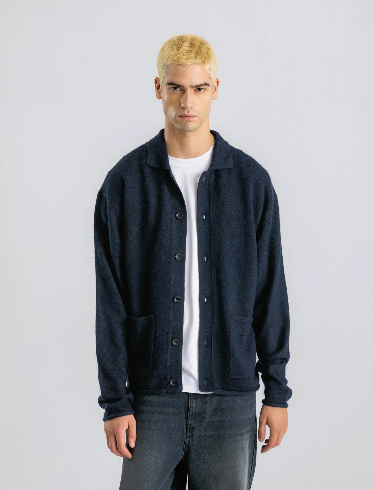 CARDIGAN IN MAGLIA CON COLLO CAMICIA - Blu - Image 4