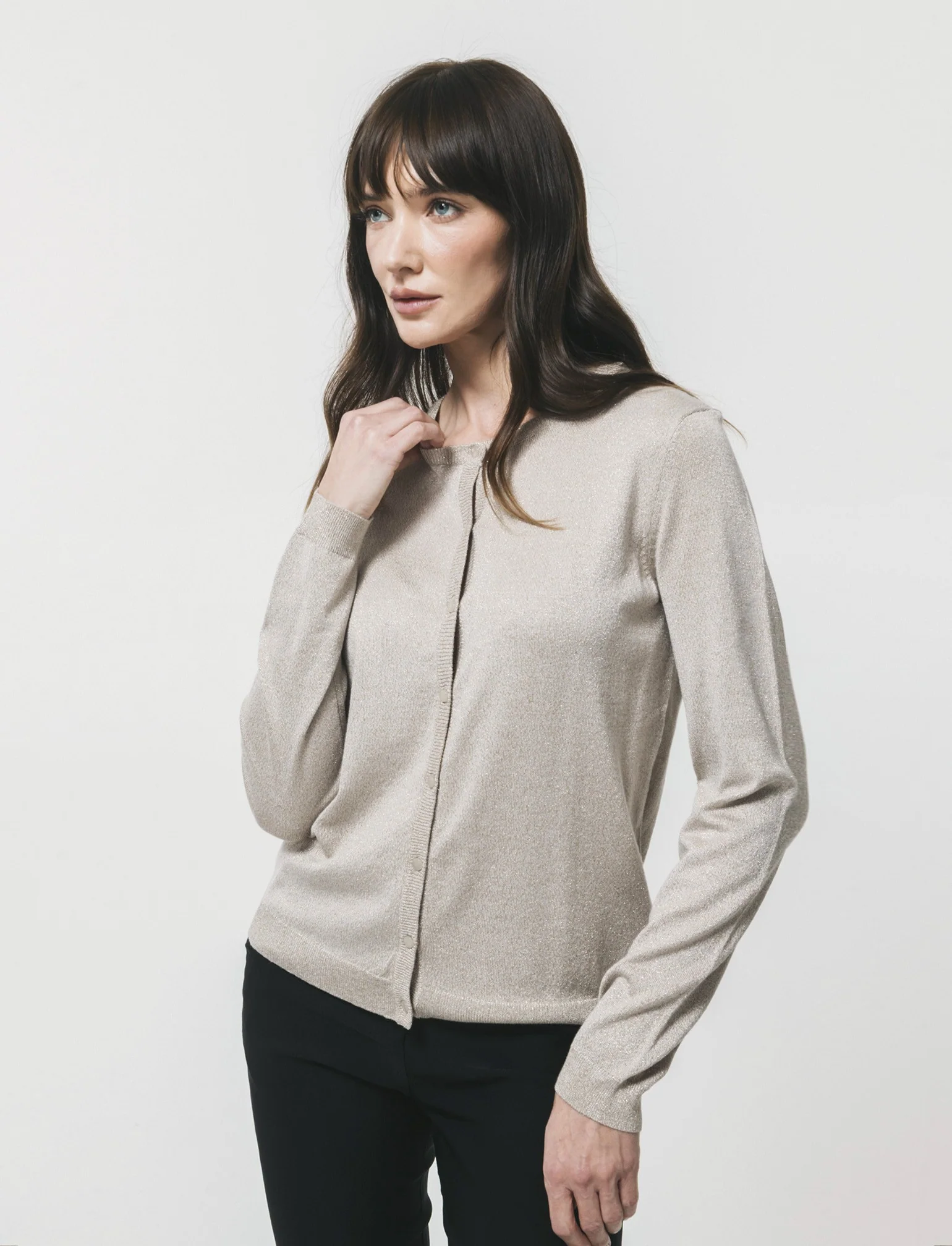 Cardigan Manica Lunga Effetto Metallico - Beige grano - Image 3