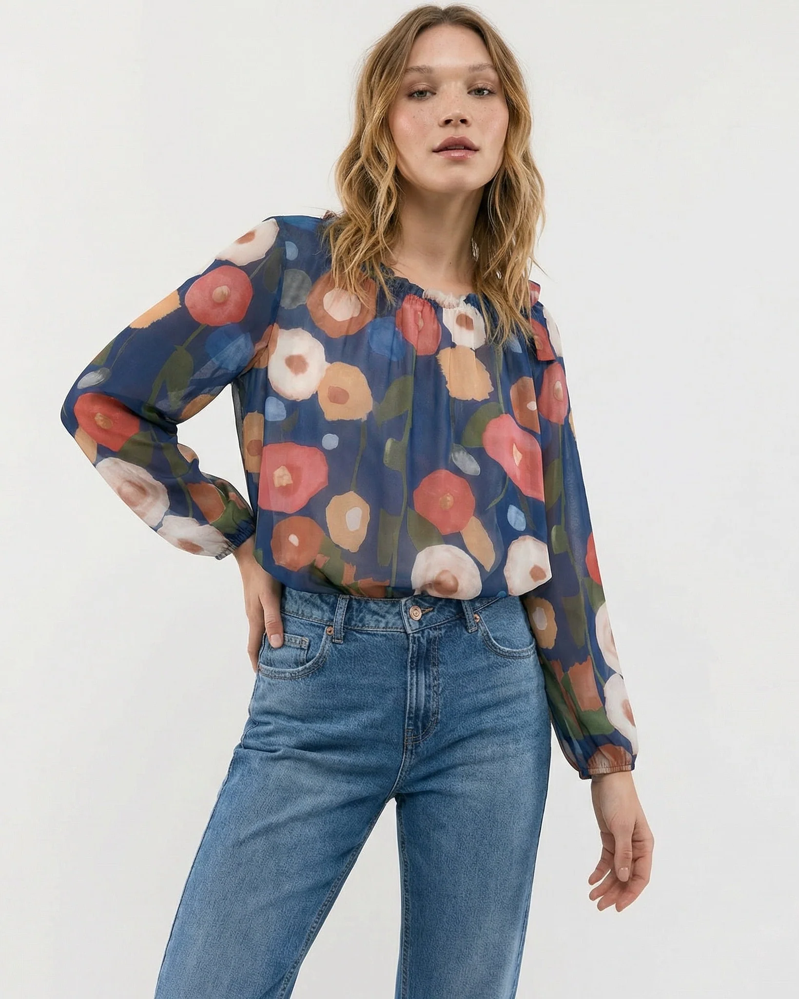 Casacca a manica lunga con scollo arricciato - Blu