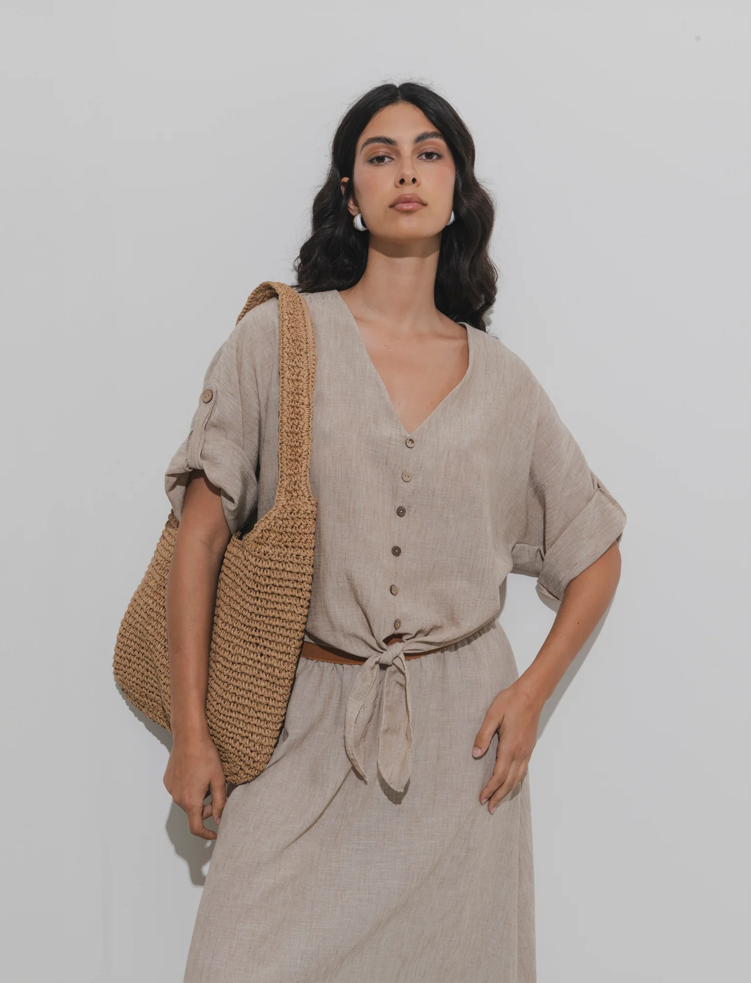 Casacca con bottoni scollo a V - Beige - Image 3