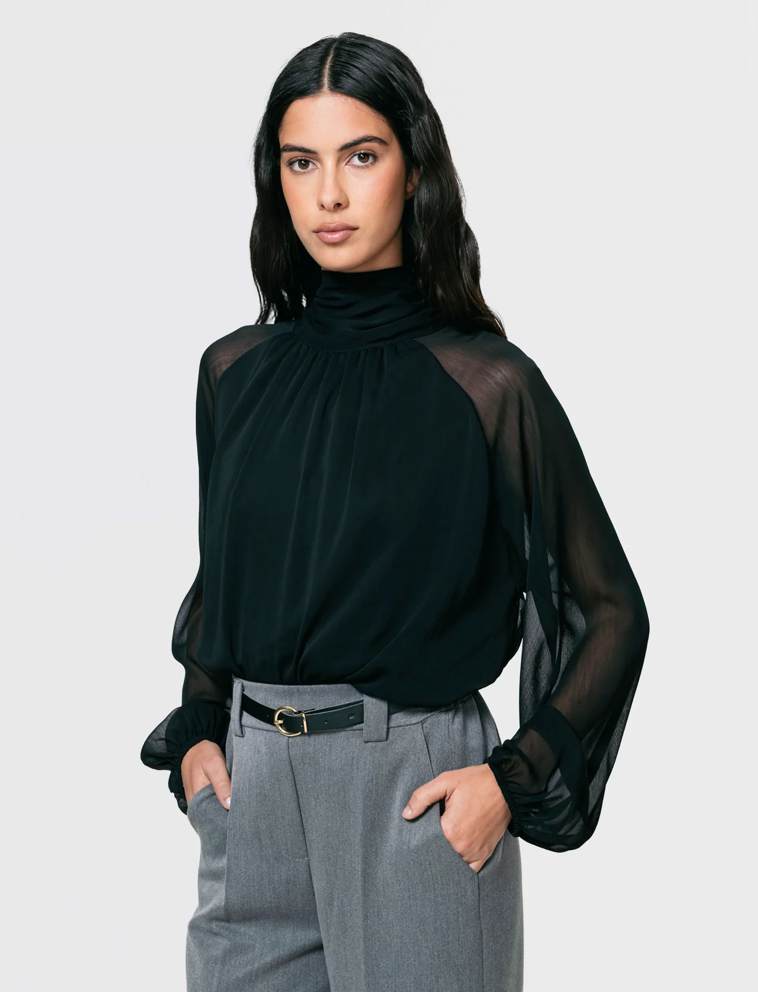 Casacca in tessuto leggero con fiocco al collo - Nero - Image 4
