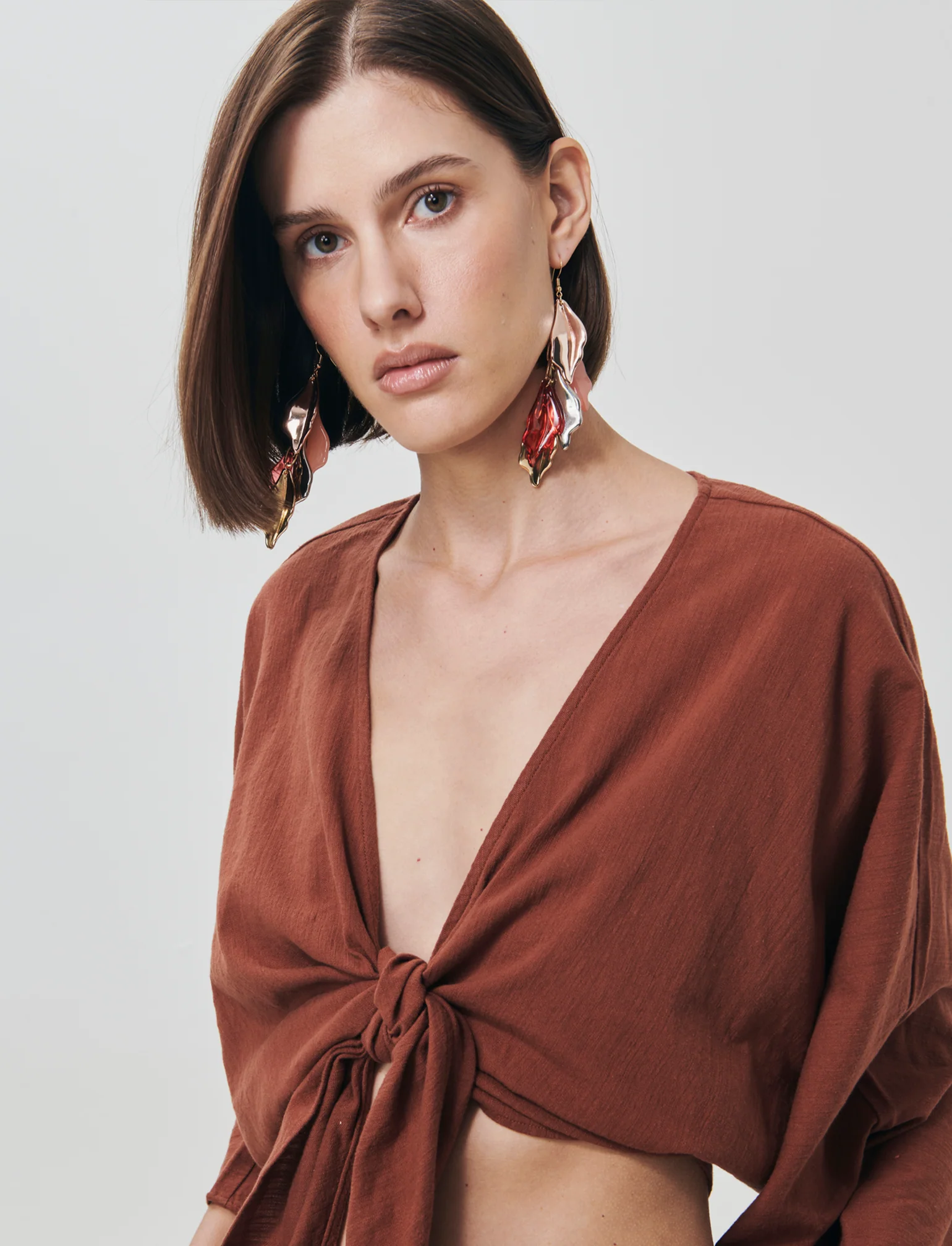 Casacca Kimono in Cotone con Nodo - Cognac - Image 2