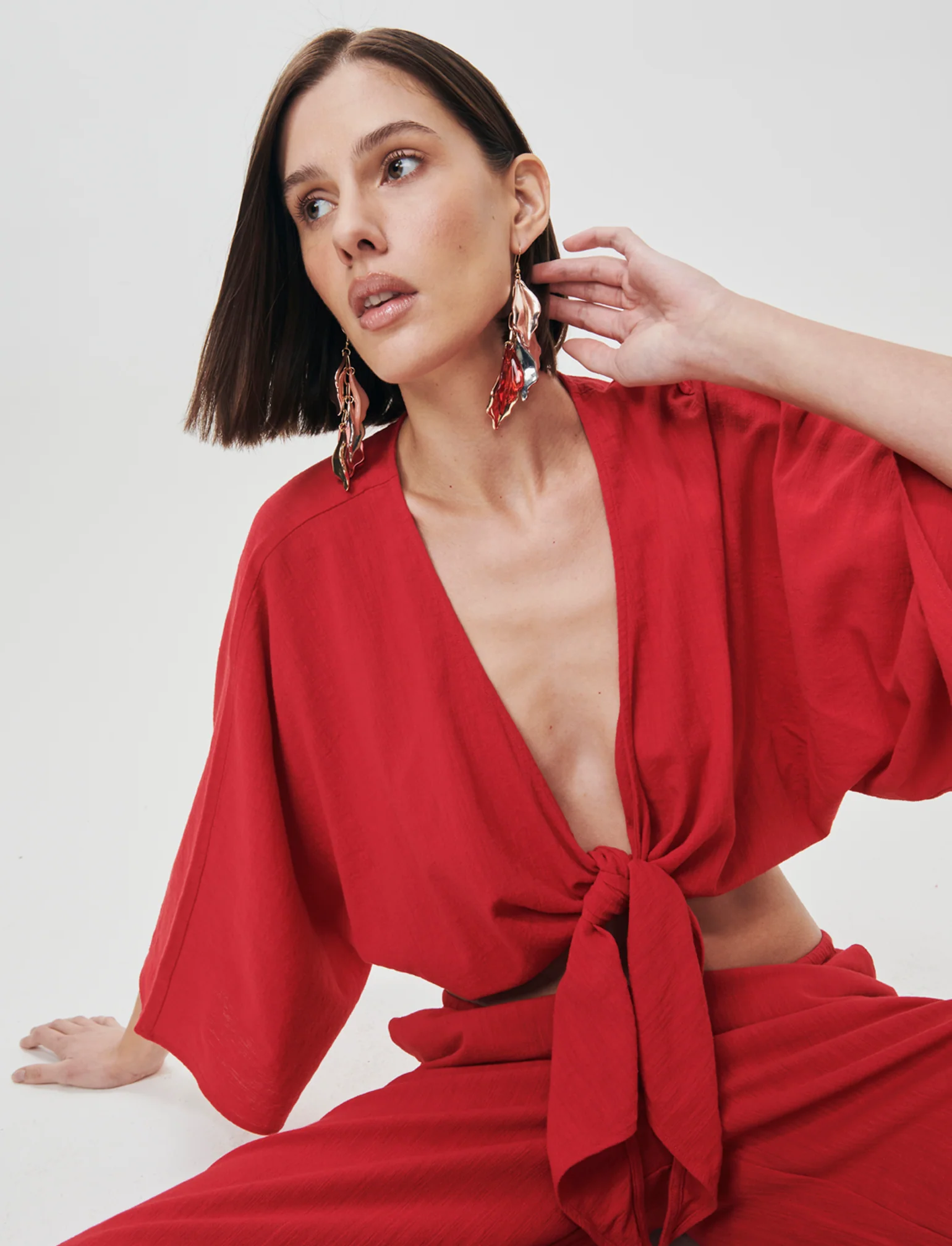 Casacca Kimono in Cotone con Nodo - Rosso - Image 3