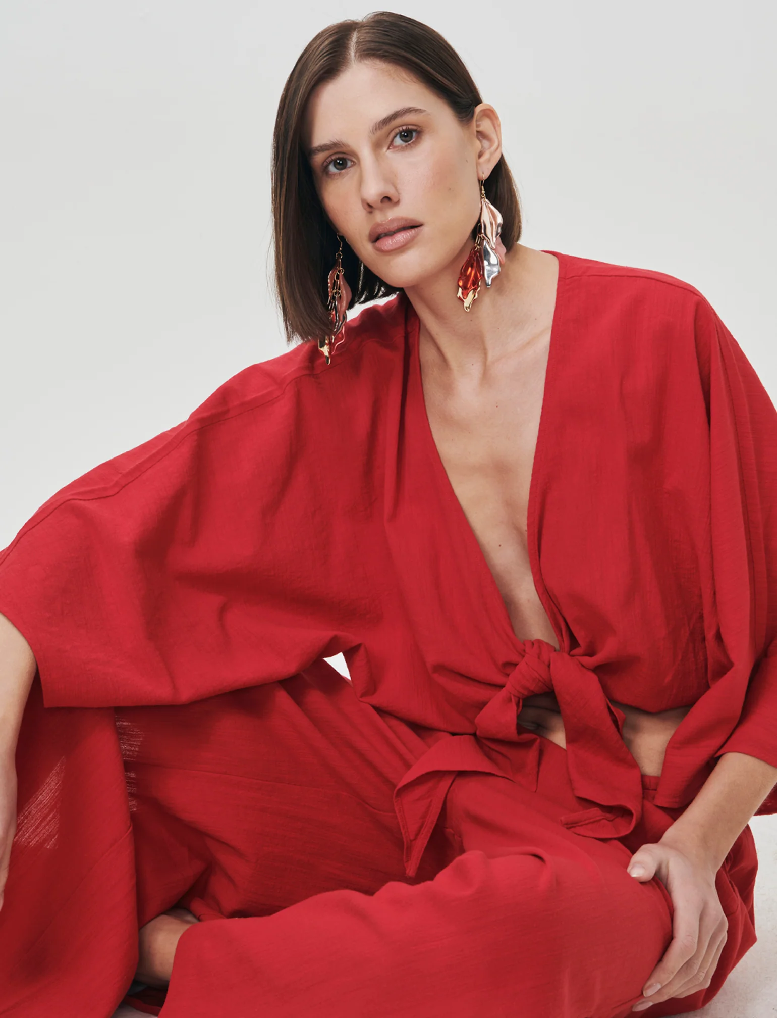Casacca Kimono in Cotone con Nodo - Rosso - Image 4