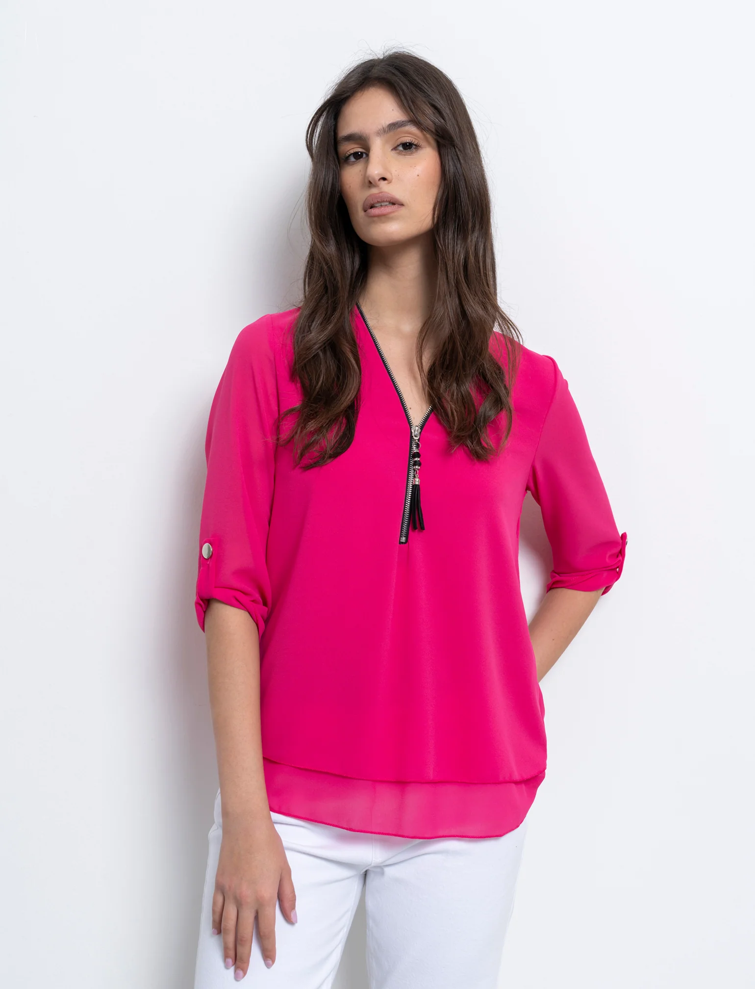 Casacca manica 3/4 con bottone e zip sul davanti. - Fuxia - Image 3