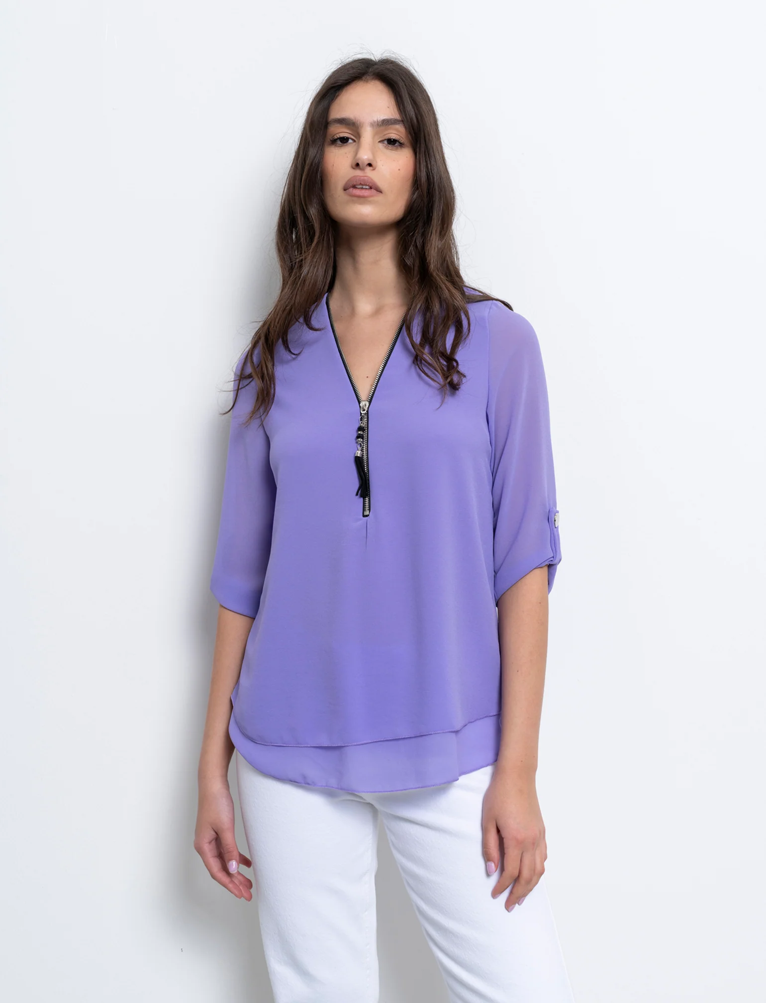 Casacca manica 3/4 con bottone e zip sul davanti. - Lilla