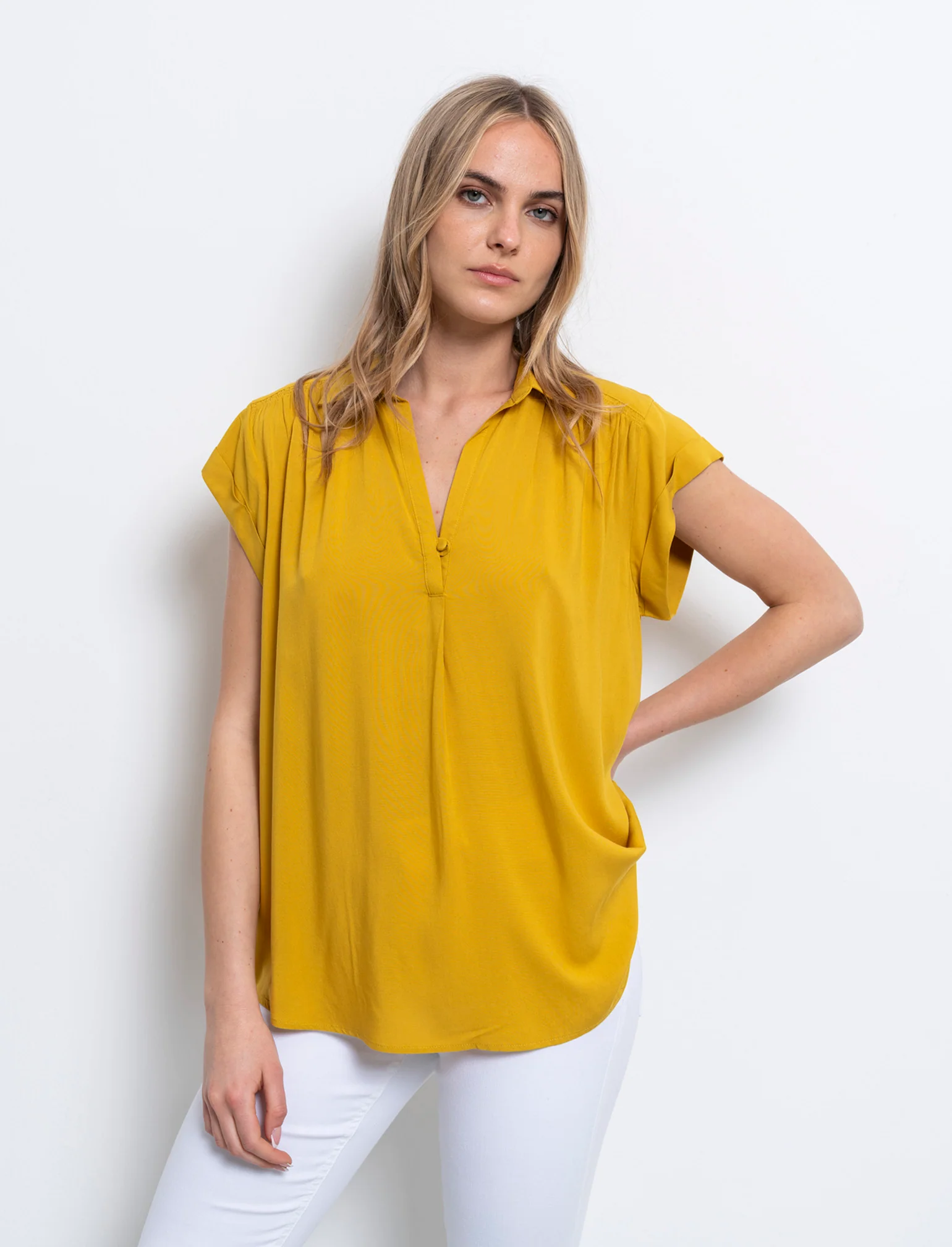 Casacca mezzamanica con scollo a V da donna - Senape