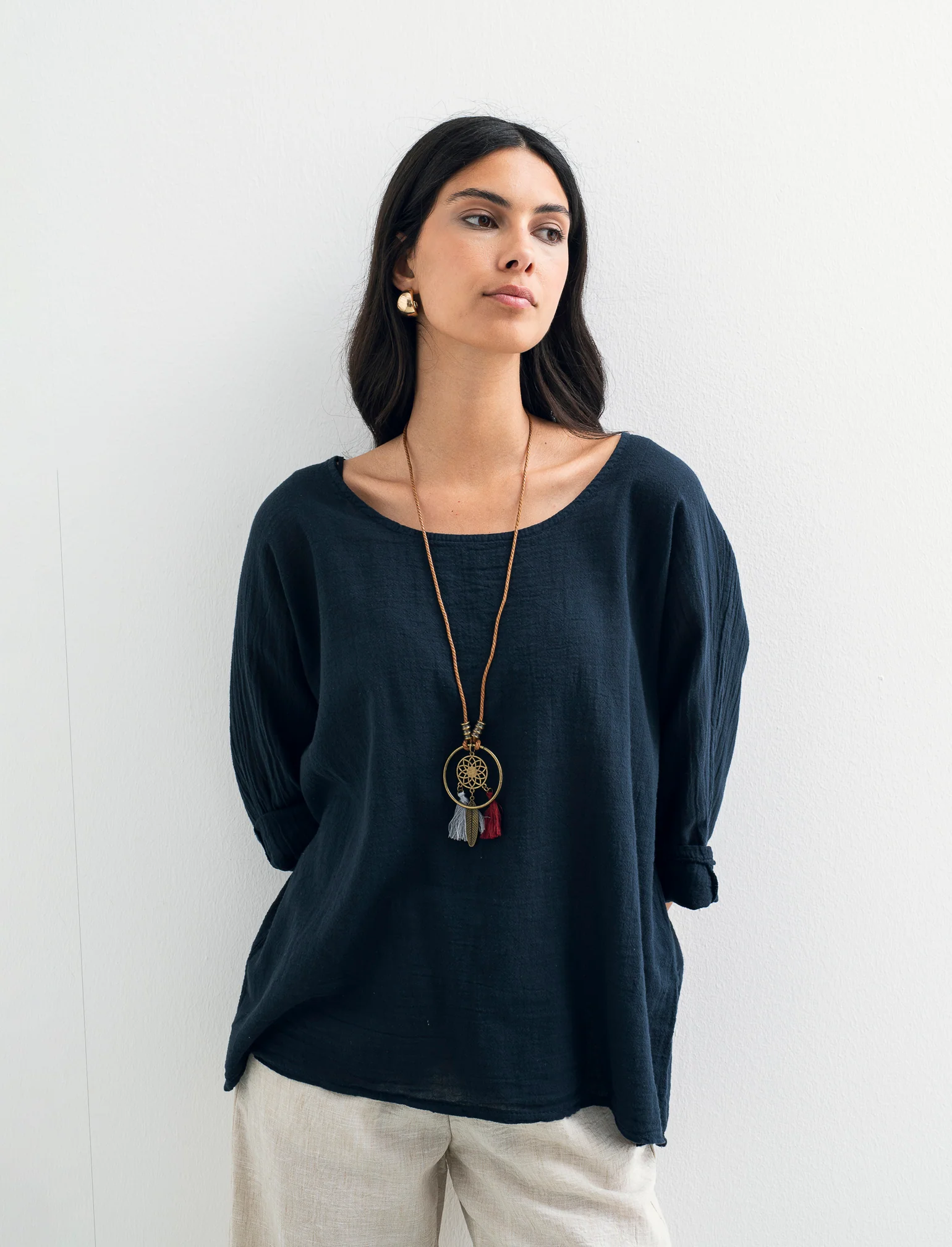 Casacca over con collana - Blu - Image 4