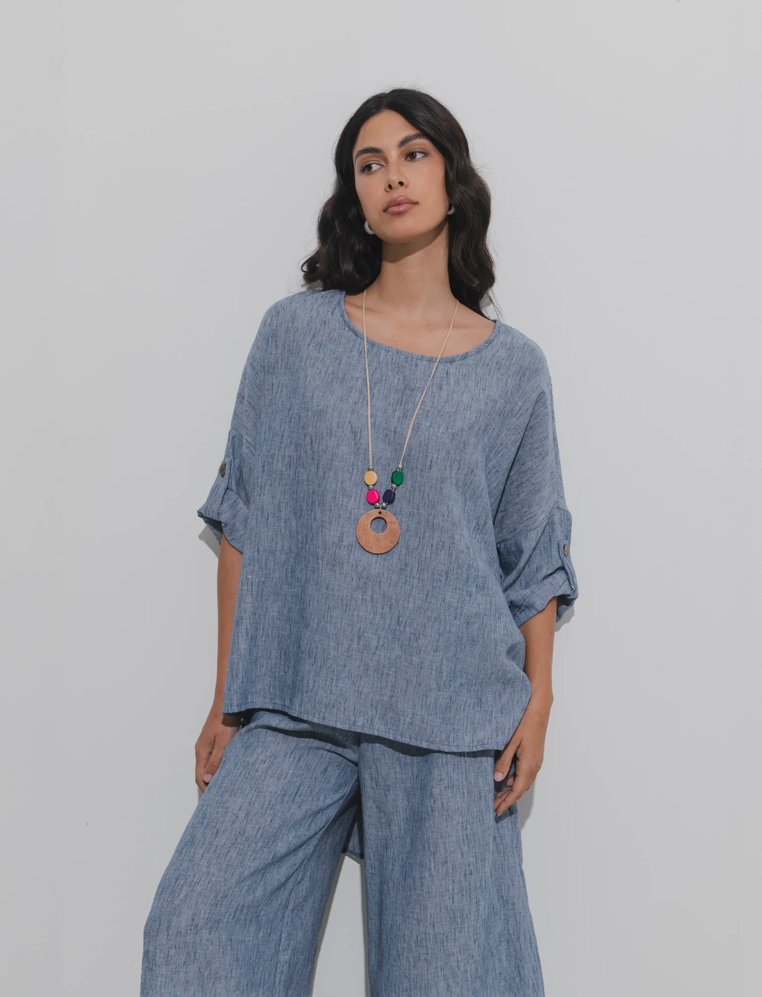 Casacca over con collana - Denim - Image 3