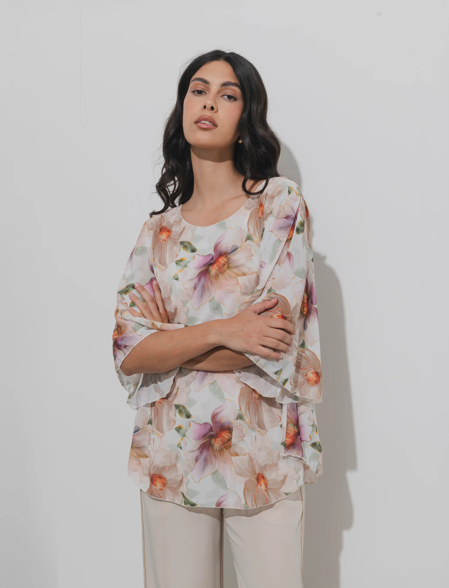 Casacca stampata over in tessuto leggero - Beige - Image 3