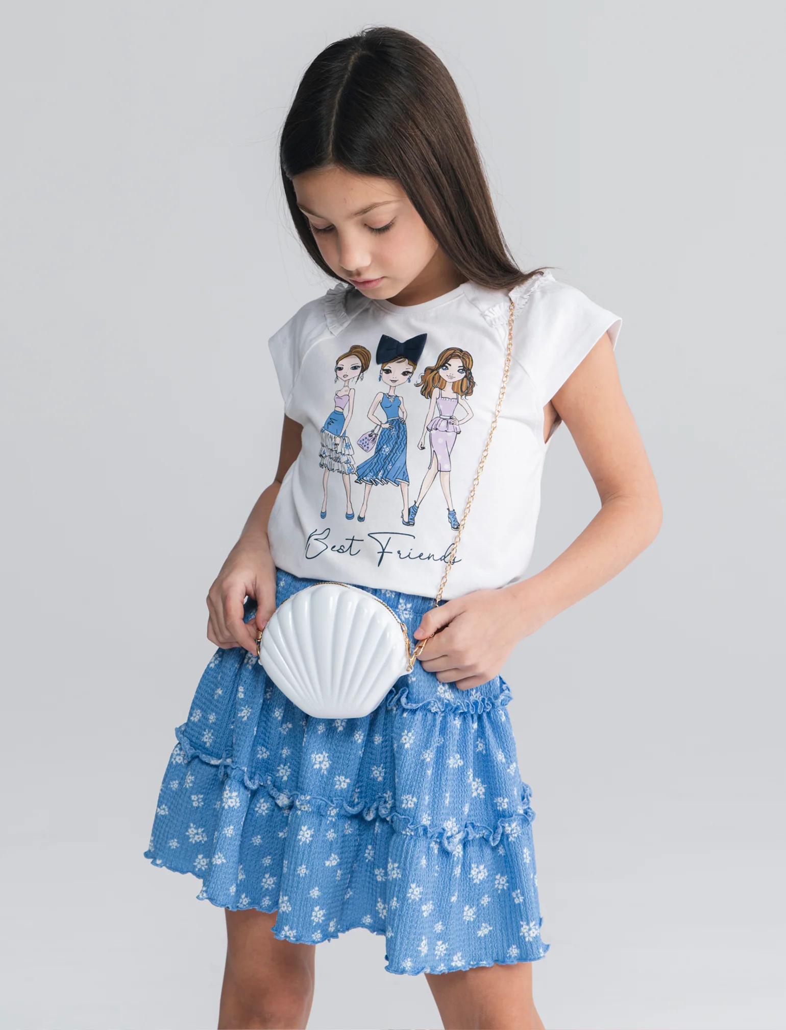 Completo t-shirt e short finta gonna bambina - Bianco-blu - Image 3