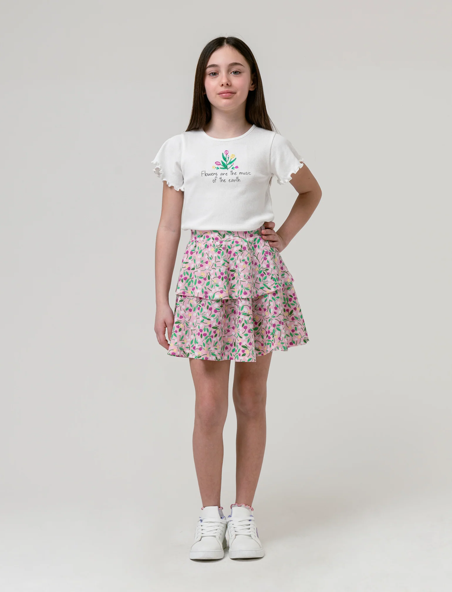 Completo top e gonnellina a balze da bambina - Bianco-rosa - Image 3