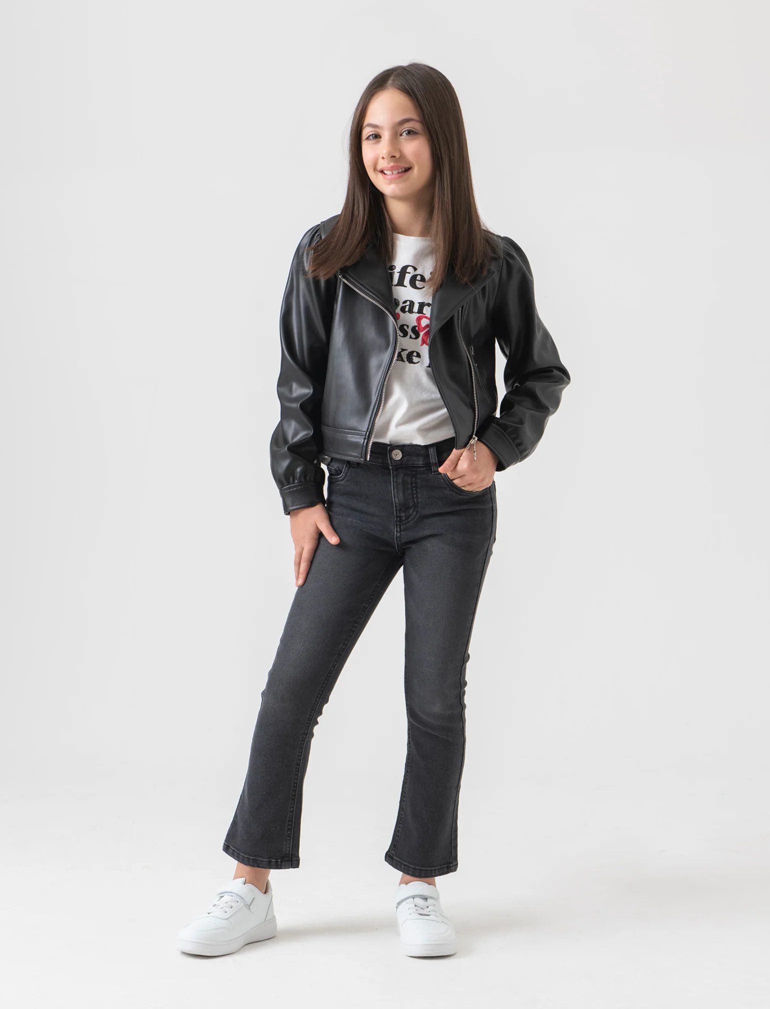 Denim elastico modello a zampa da bambina - Nero - Image 2