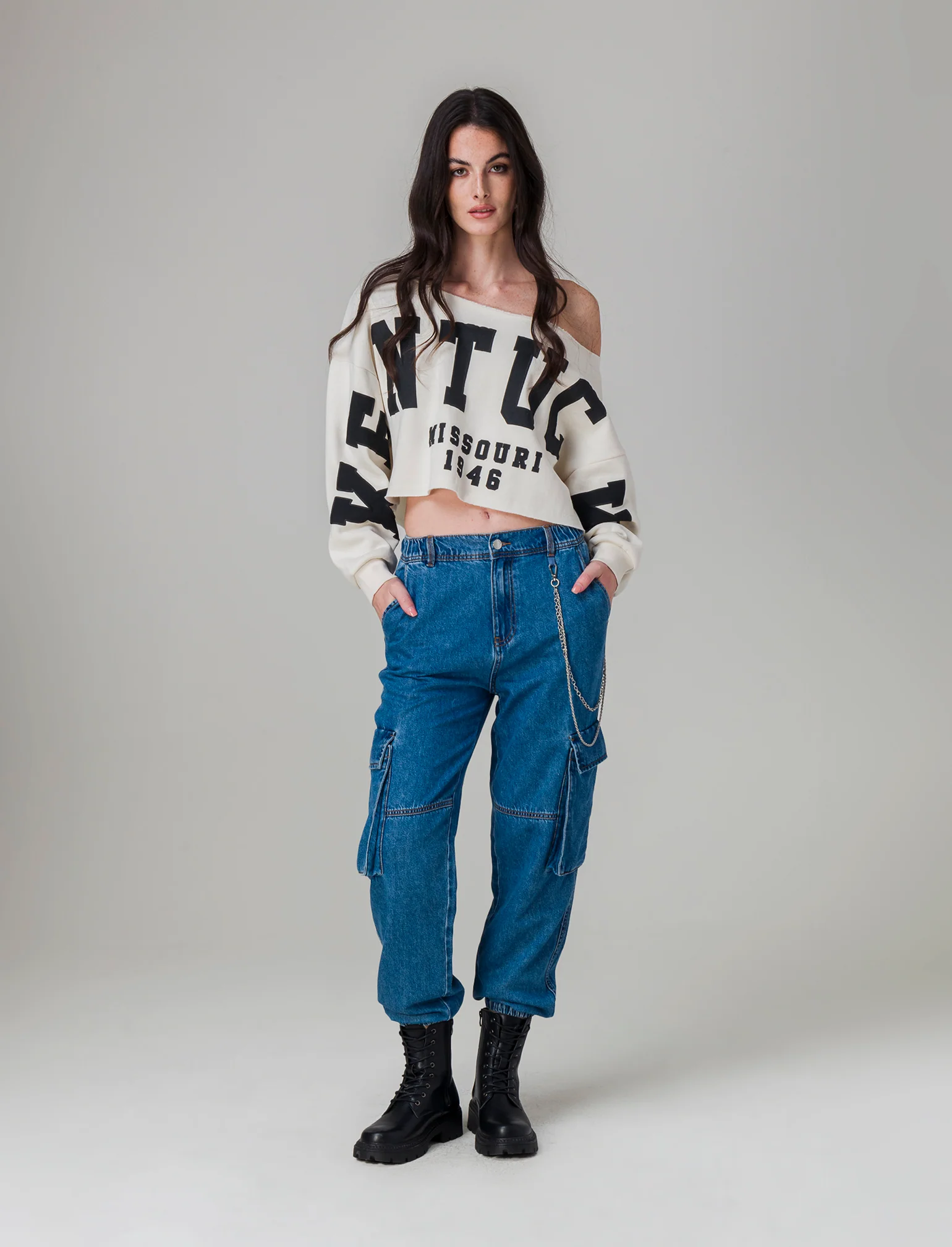 Denim jogger cargo da donna - Denim chiaro - Image 2