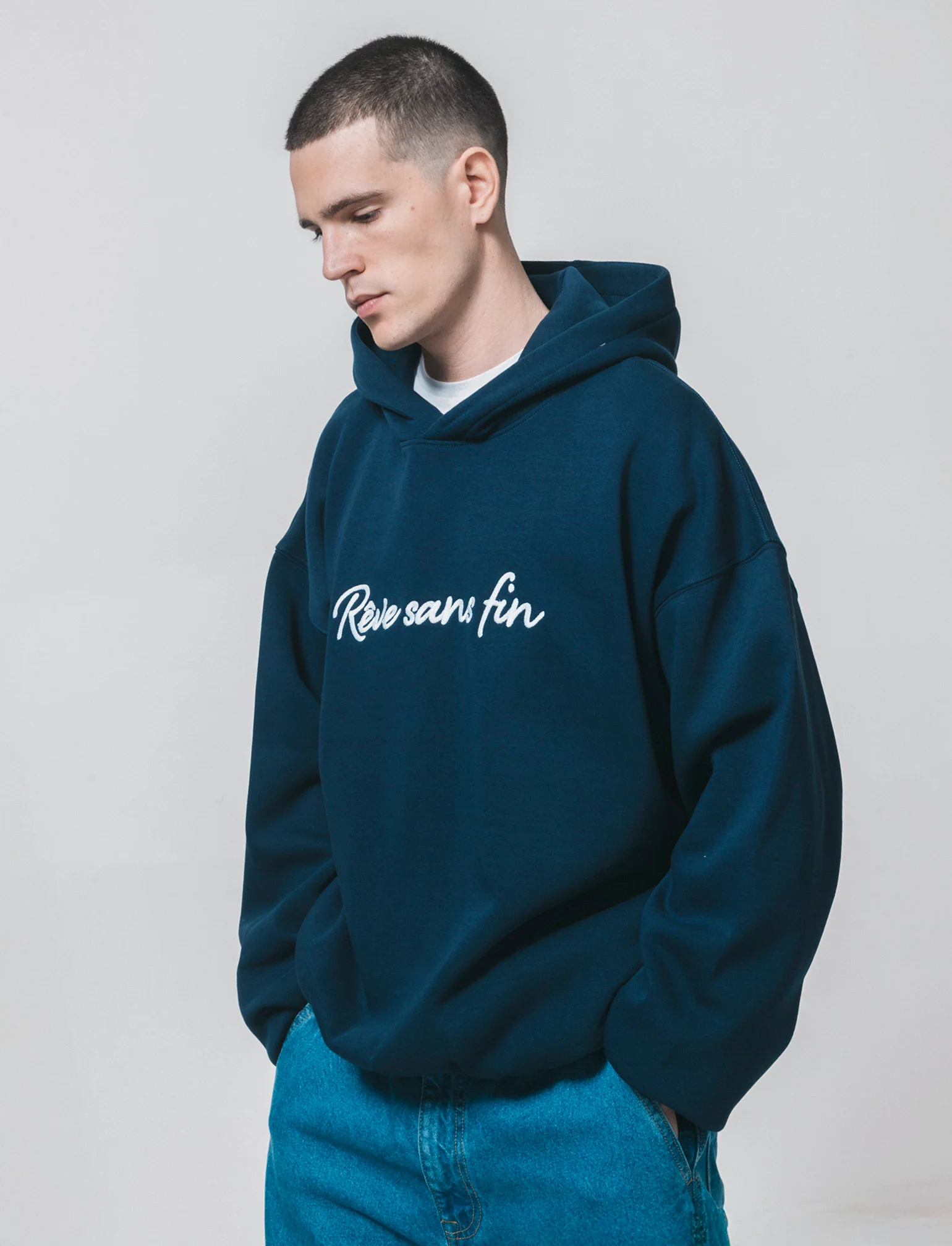 Felpa boxy con cappuccio e ricamo - Blu