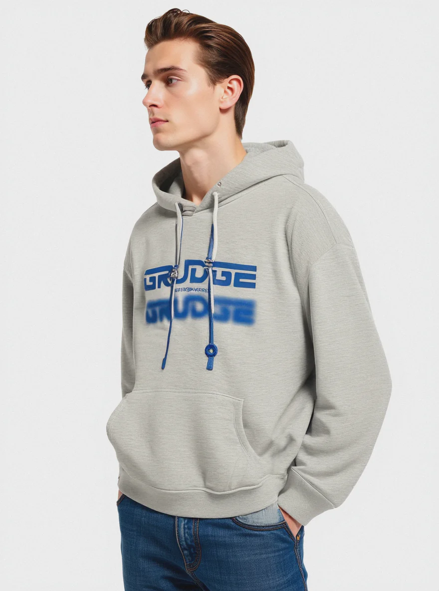 FELPA  BOXY FIT CON CAPPUCCIO E STAMPA - Grigio chiaro mel.