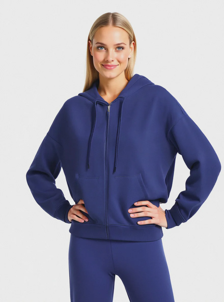 FELPA CON CAPPUCCIO E ZIP - Blu scuro