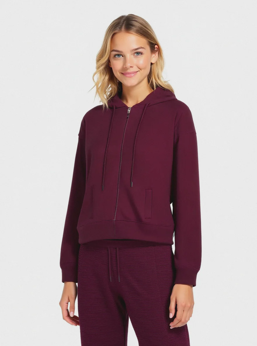 FELPA CON CAPPUCCIO E ZIP - Bordeaux