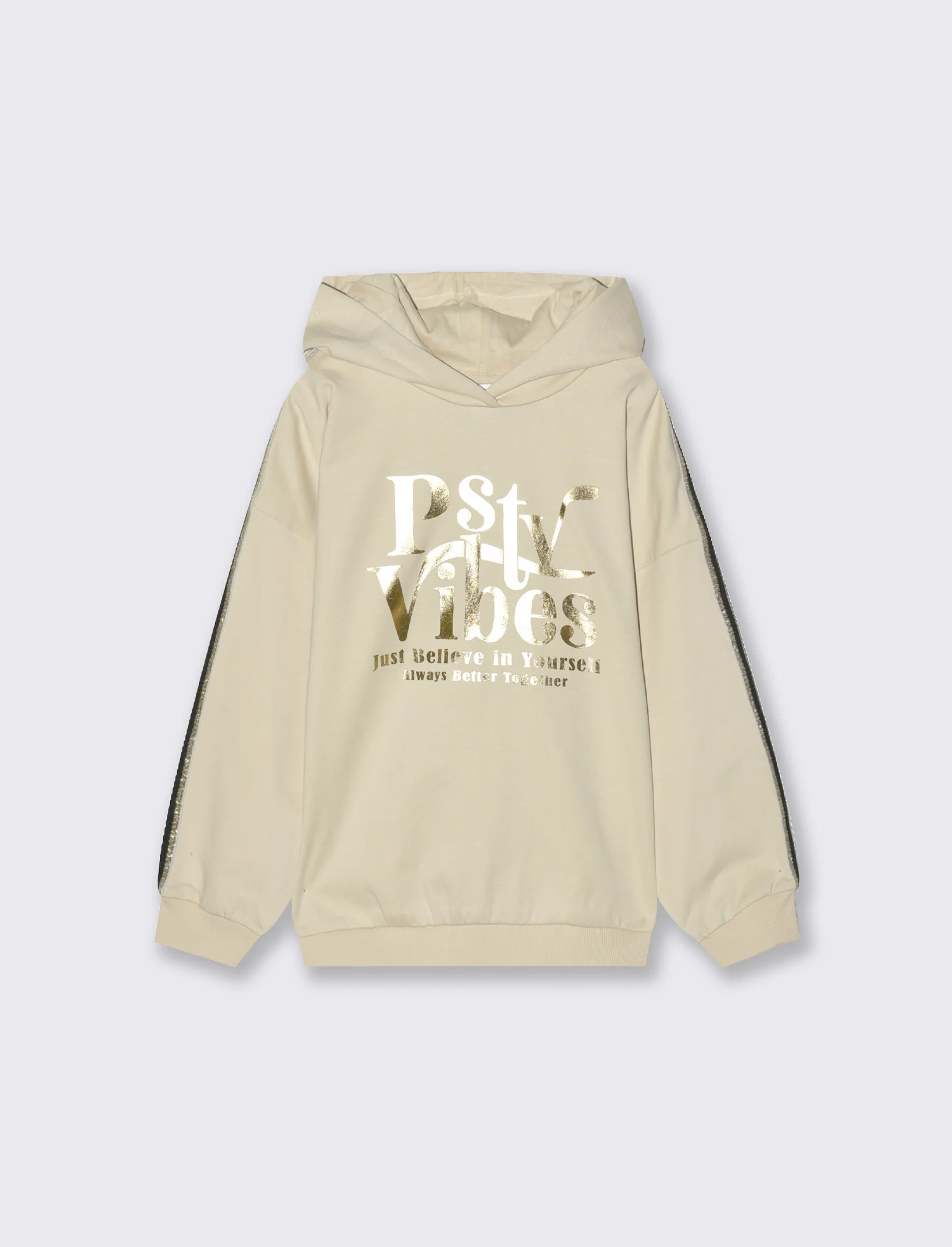Felpa con nastro a righe brillantinato e stampa lucida - Beige - Image 3