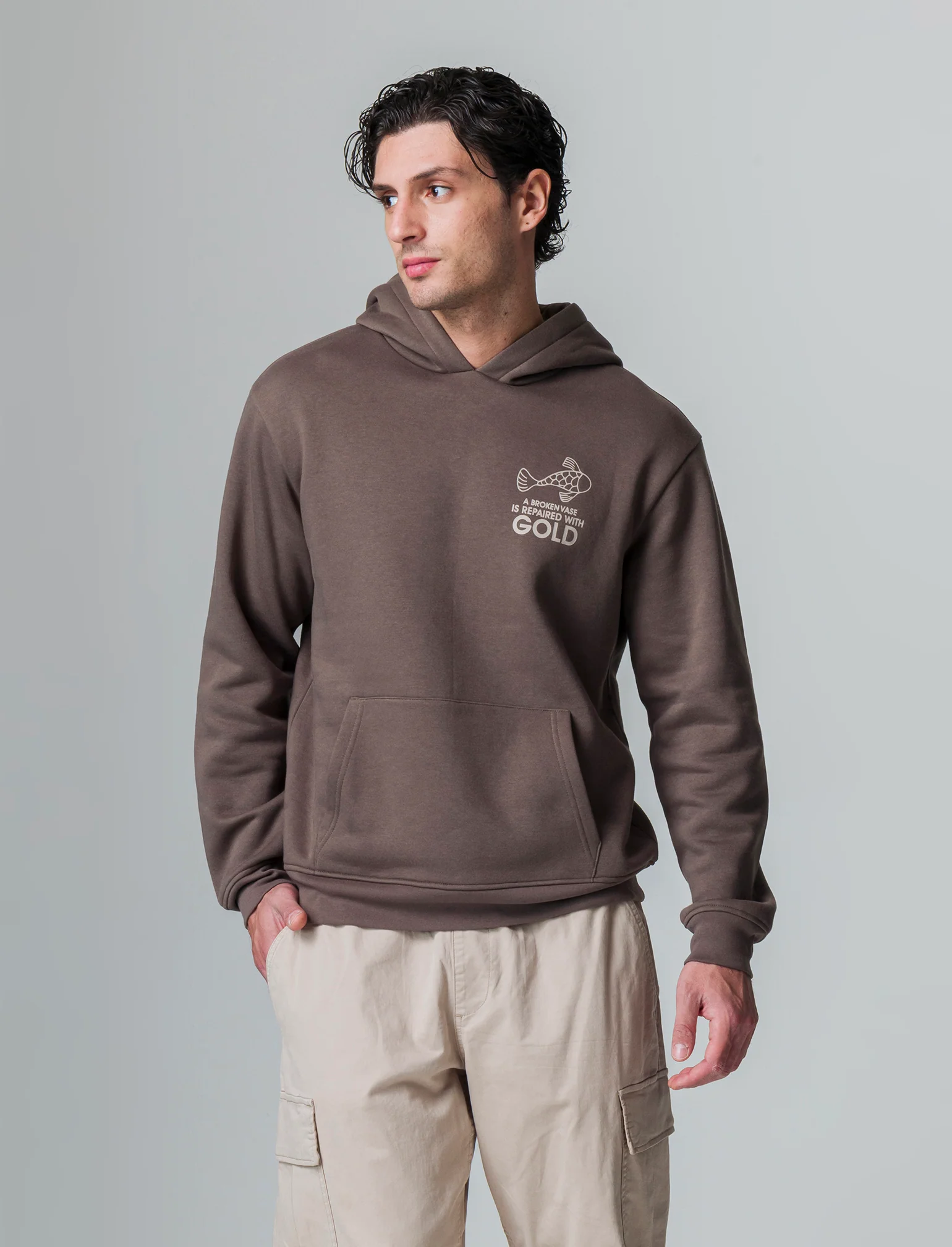 Felpa con stampe e cappuccio da uomo - Grigio fango
