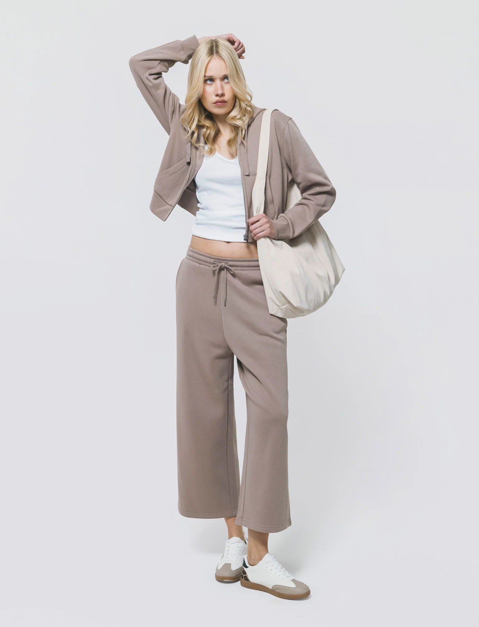 Felpa Crop con Cappuccio e Zip Frontale - Grigio tortora - Image 4