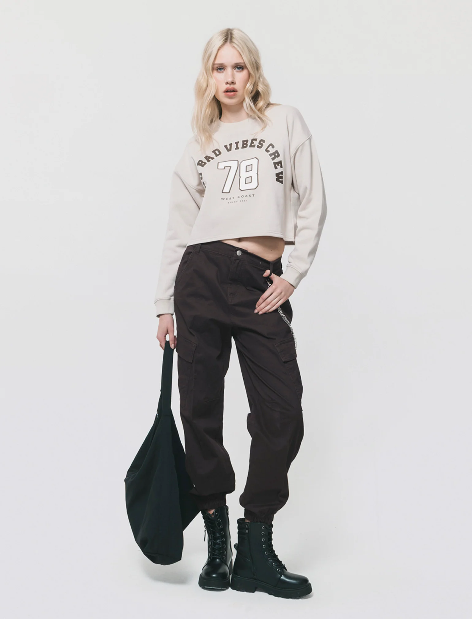 FELPA CROP MANICA LUNGA CON STAMPA - Beige grano - Image 3