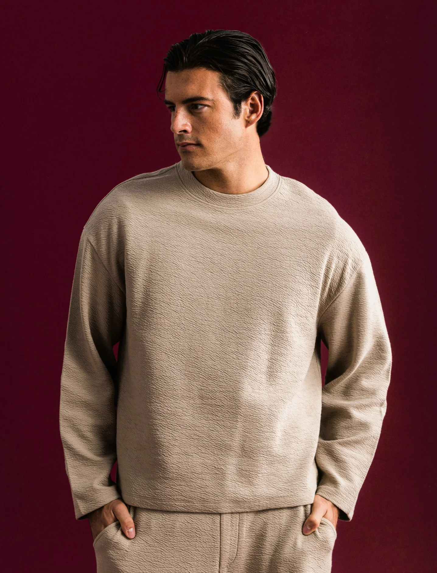FELPA TESSUTO GOFFRATO RELAXED FIT - Beige - Image 3