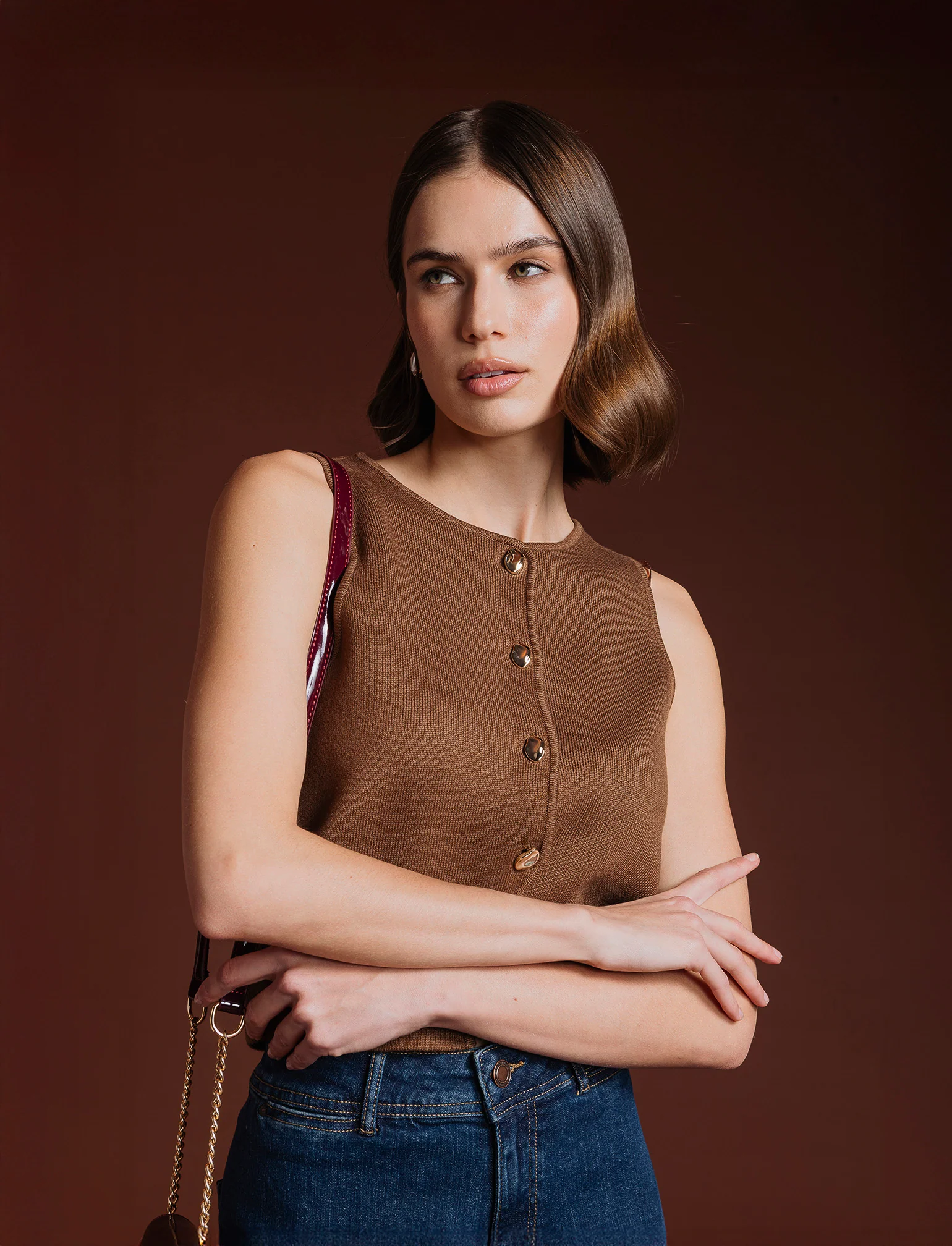 GILET CON BOTTONI GIOIELLO - Marrone tabacco - Image 3