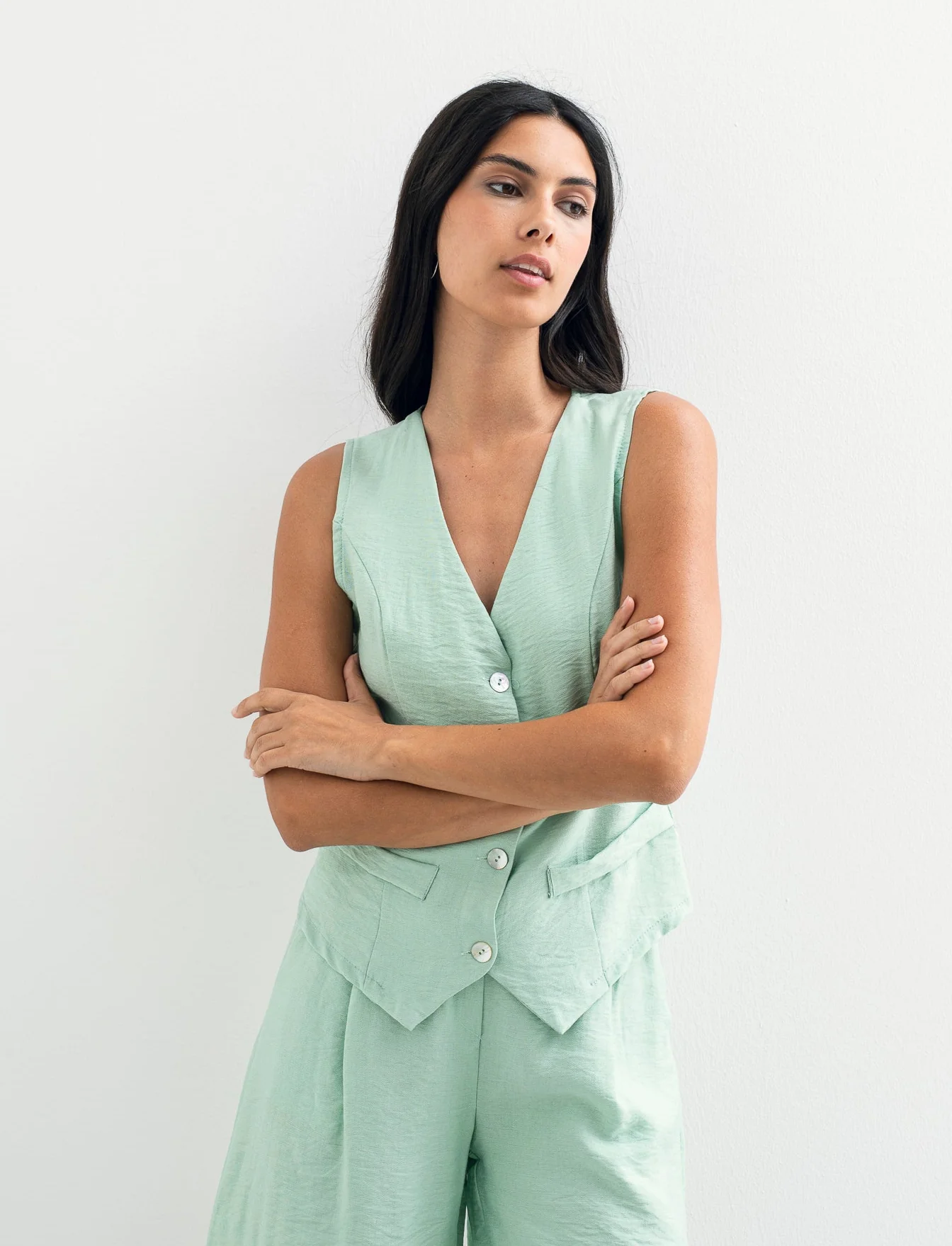 Gilet con bottoni in viscosa - Verde acqua - Image 3