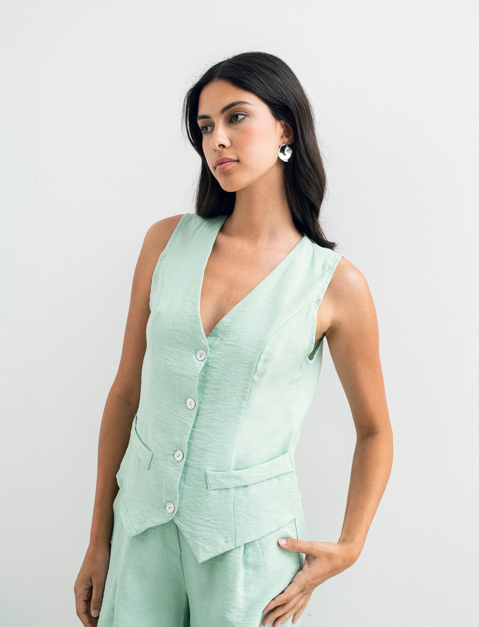 Gilet con bottoni in viscosa - Verde acqua - Image 4