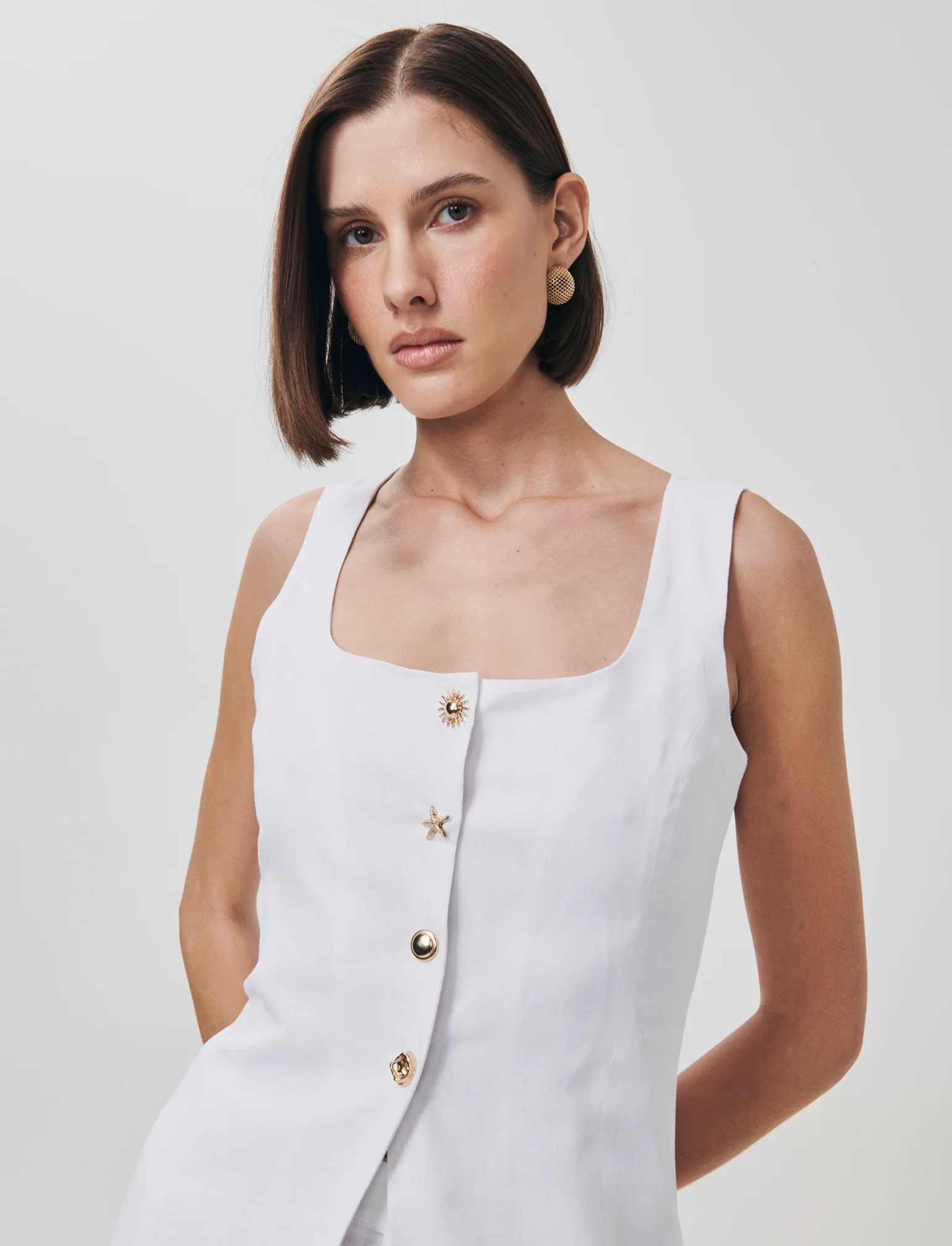Gilet con Scollo Quadrato e Bottoni - Bianco - Image 3