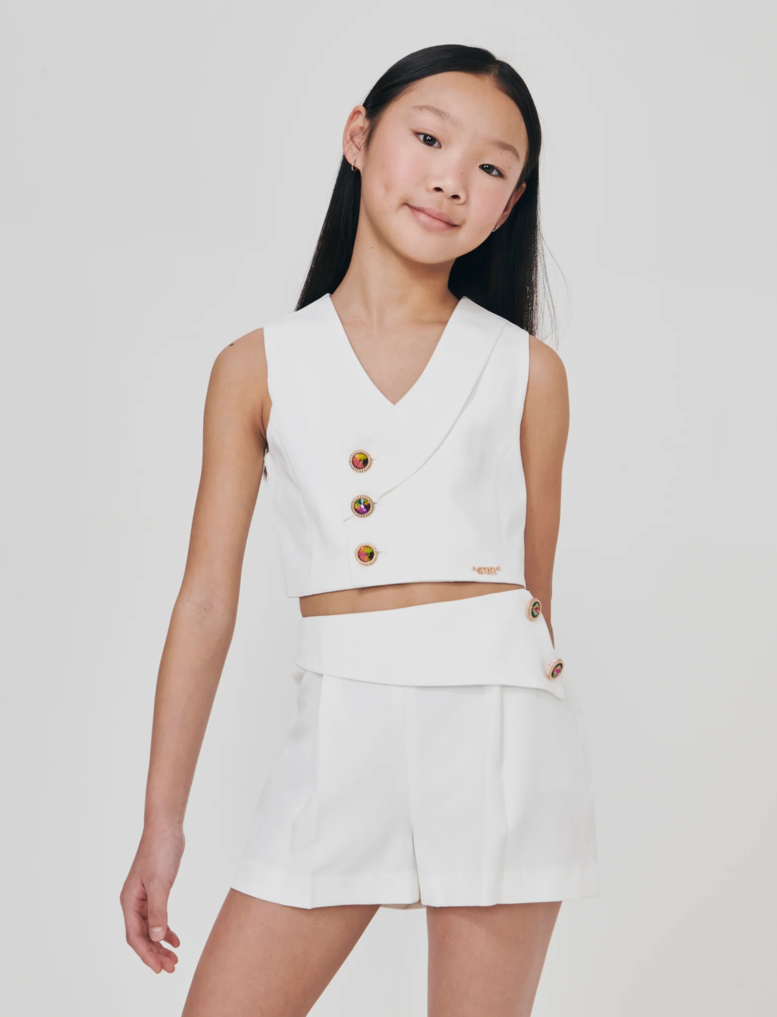 Gilet elegante con bottoni gioiello - Bianco latte - Image 3