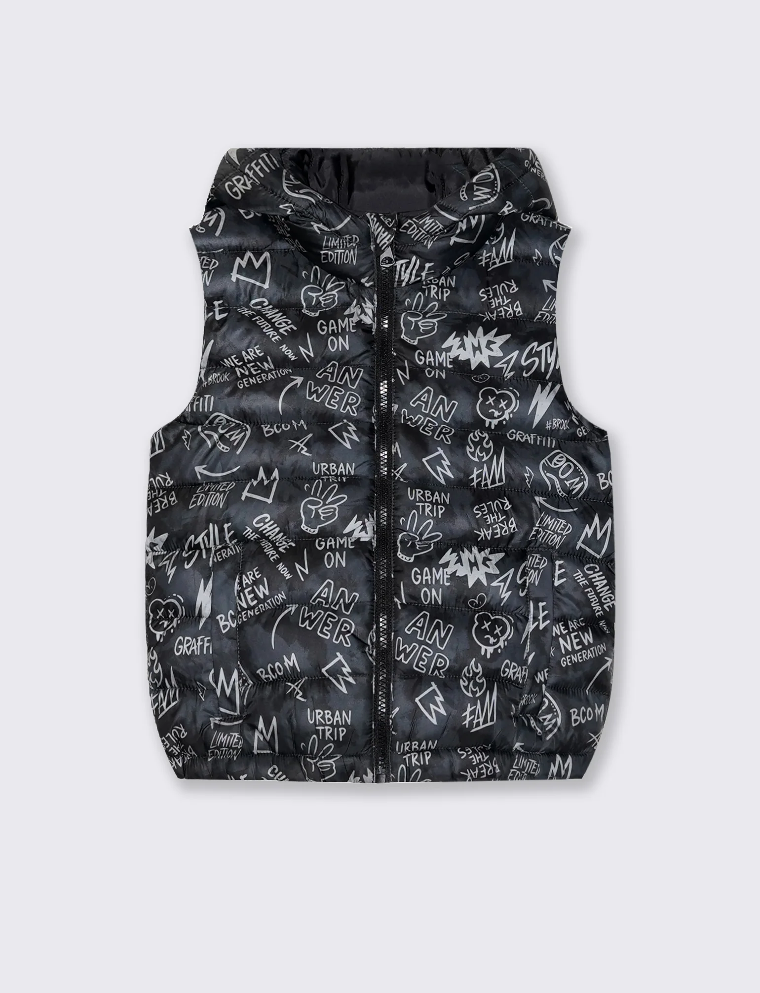 Gilet imbottito con cappuccio e tasche - Fantasia