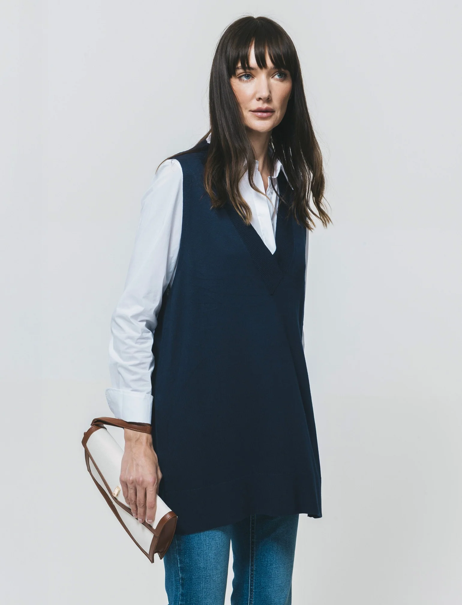 Gilet lungo con scollo a V e spacchi laterali - Blu - Image 3